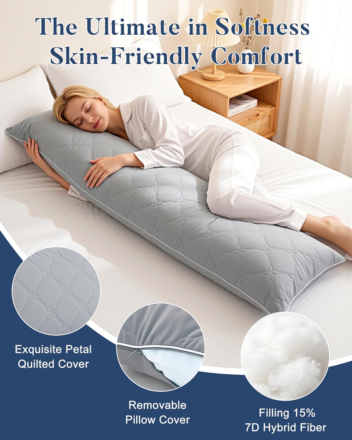 YZ HOME Body Pillow for Adults - Firm Body Pillow with Petal Quilted Cover,Shredded Blue Memory Foam, Adjustable Height, Soft Support for Side Sleeping, Pregnant Women, Washable (Grey, 20x54 Inch)