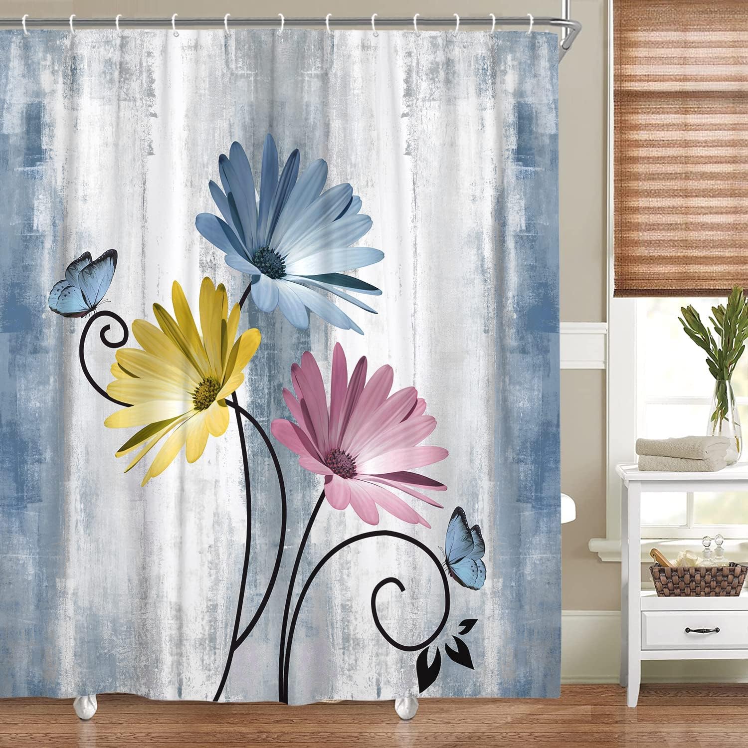 Rustic Farmhouse Shower Curtain, Farm Blue Daisy Floral Flowers and Butterfly on Country Wooden Shower Curtain for Bathroom, Turquoise Pink Yellow Bathroom Shower Curtains with 12PCS Hooks, 70X75IN