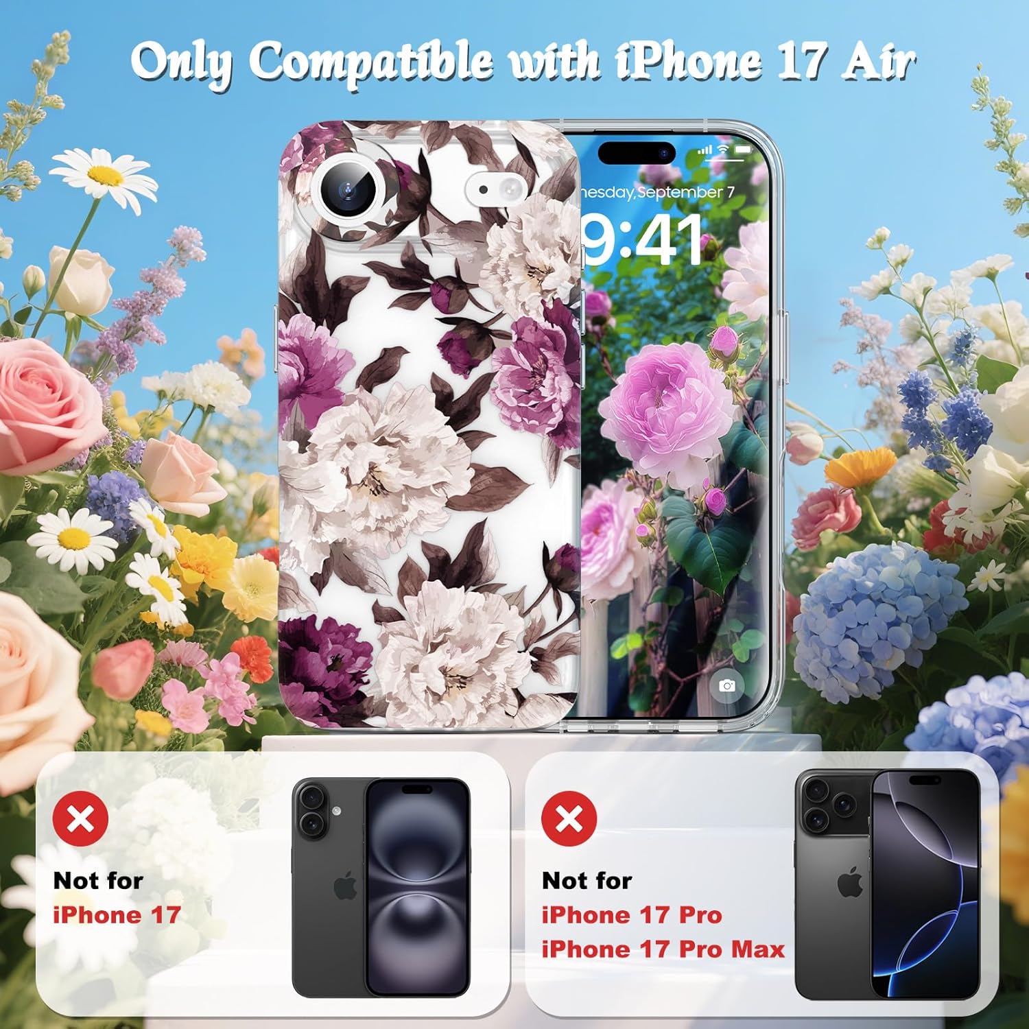 MILPROX Compatible with iPhone Air Case Floral - Flowers Girly Design for Women Girls - Clear Elegant Pretty Aesthetic Classy Retro Phone Cover for iPhone 17 Air 6.5'' - Rose - Image 2