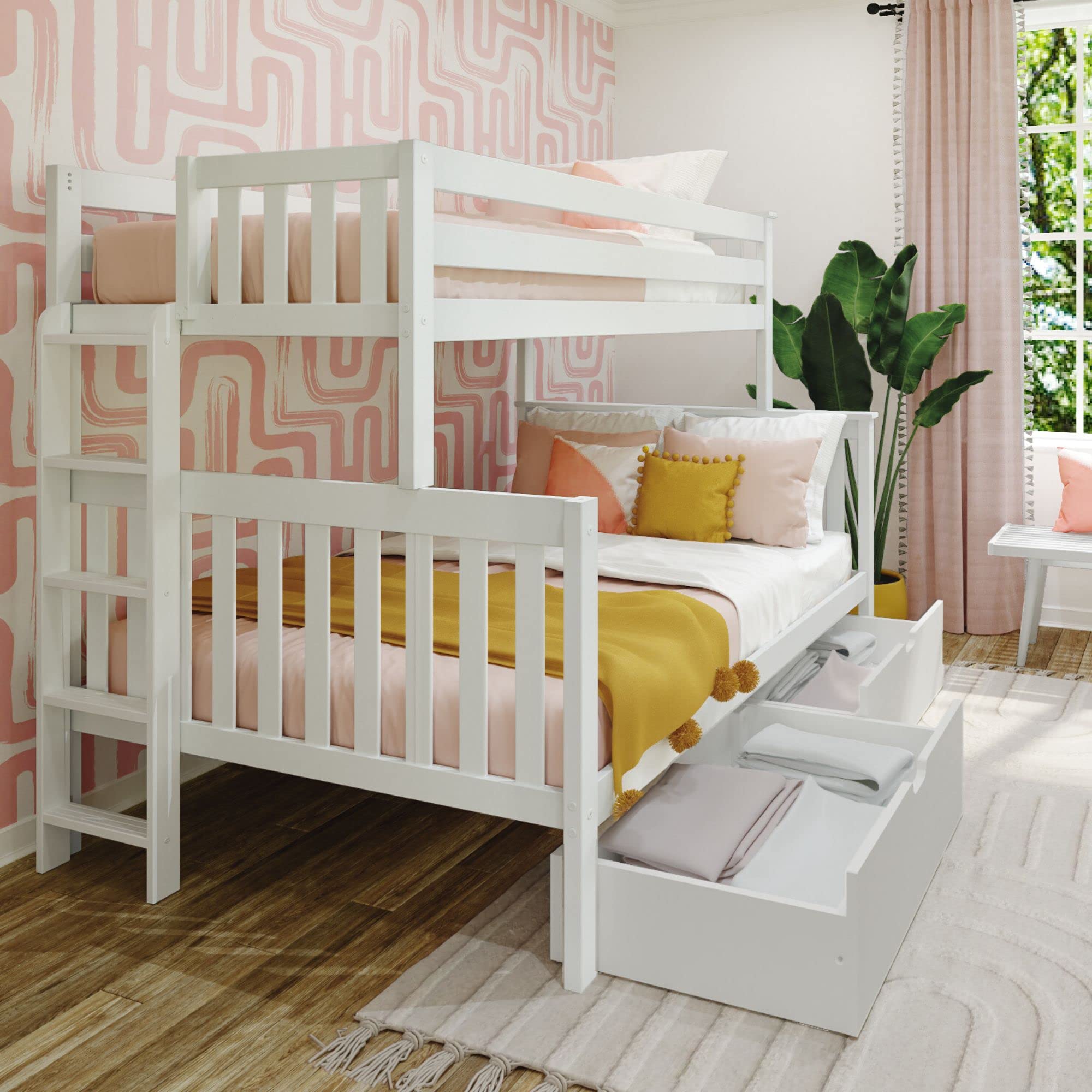 Max & Lily Twin-Over-Full Bed Frame for Kids with Ladder on End and Storage Drawers, White