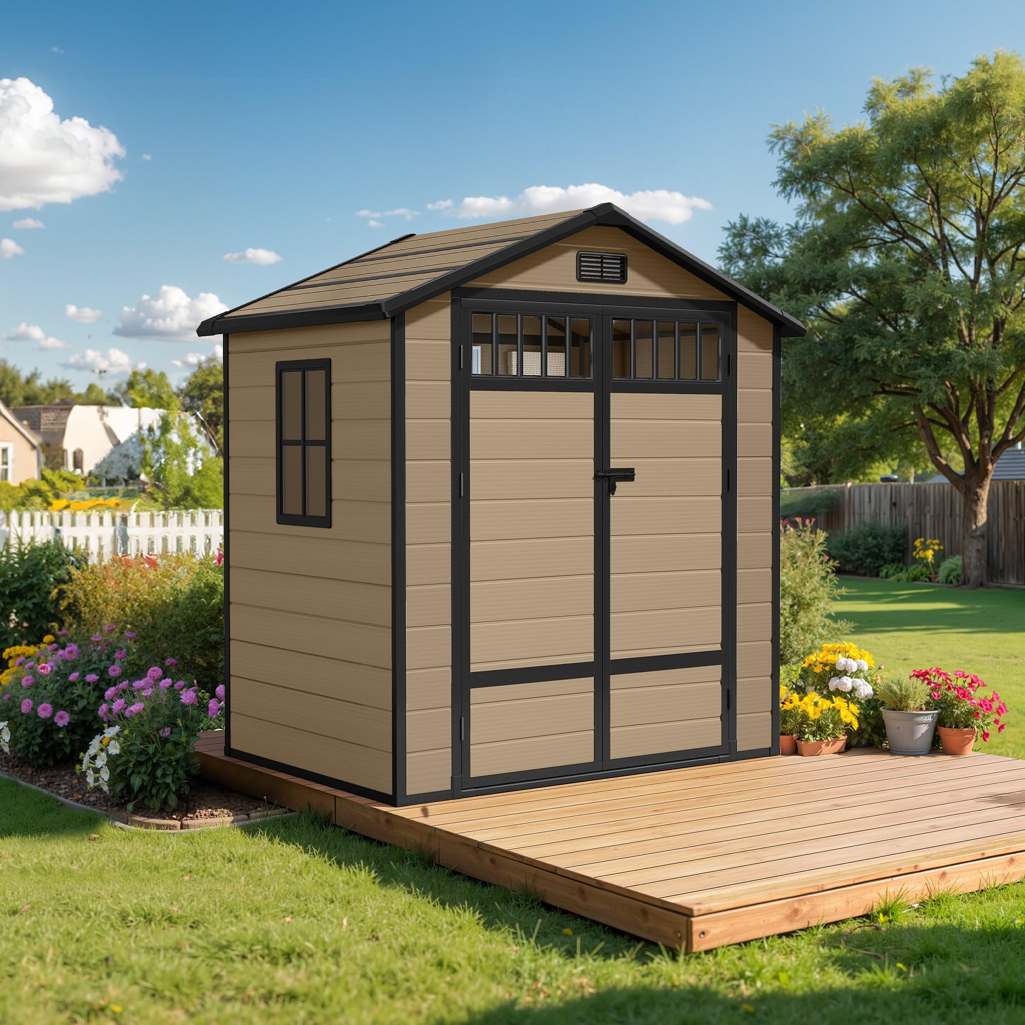 YITAHOME Gerätehaus Kunststoff 182x134x210cm,Gartenhaus Doppeltuer,Braun | Gartenschuppen Fahrradgarage Gartenhütte Werkzeugschuppen Gartenmöbel Unterstand Rasenmäher Unterstellplatz|Abschliessbar