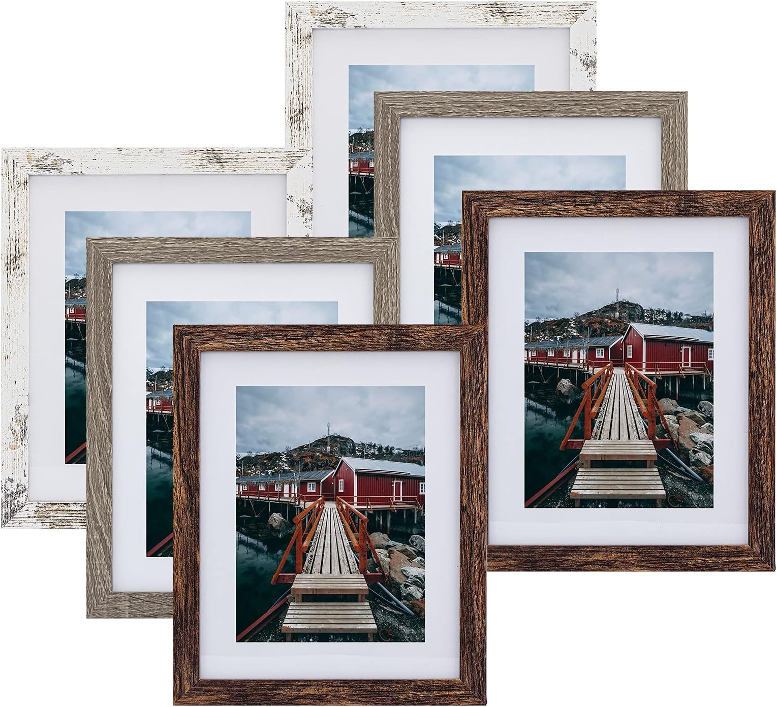 BEYAHELA Rustic 8x10 Picture Frames Set 6 Pack, White 8x10 Picture Frame, Display 6x8 With Mat, HD Real Glass & Wooden Gallery Photo Frame 8x10 with Hang Nails for Wall Decor or Table Top(Mixed)