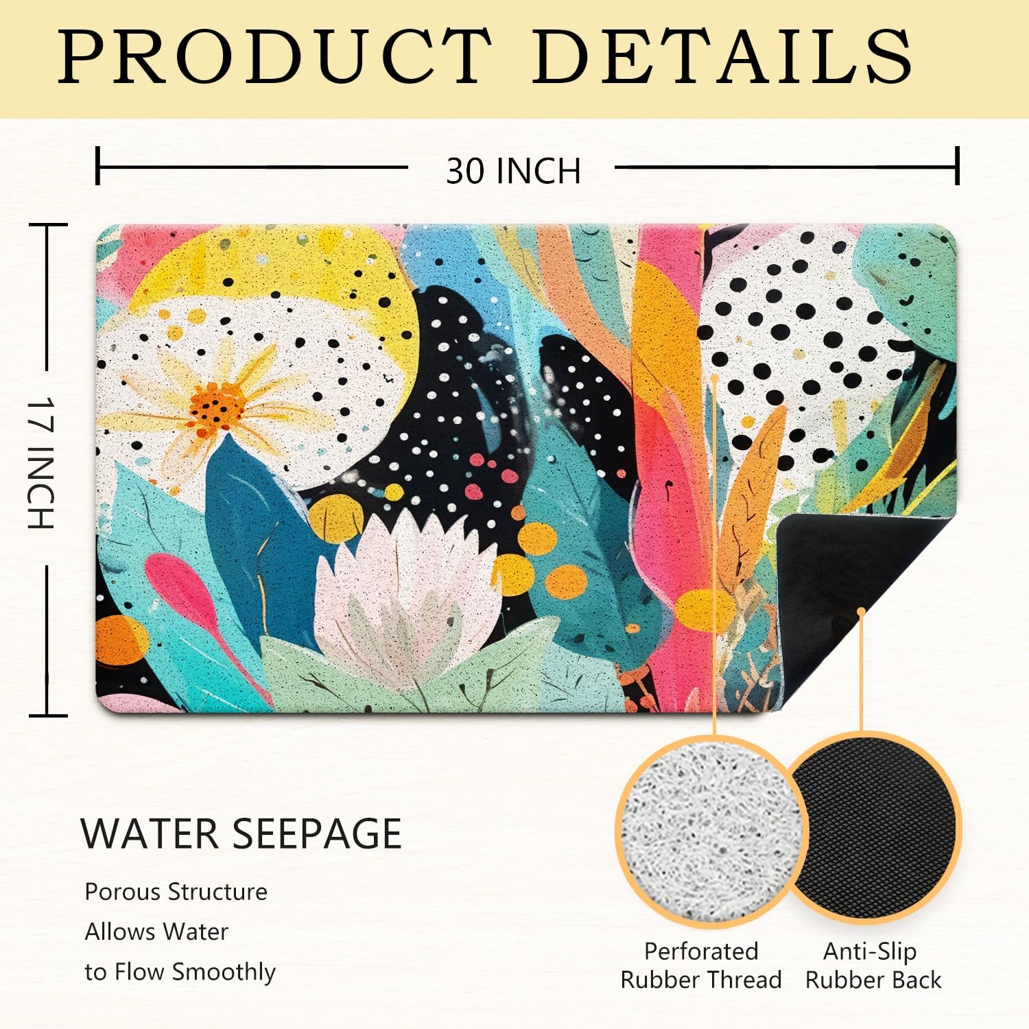 Tropical Abstract Floral Door Mat, Colorful Abstract Flower Welcome Doormat for Front Door Indoor Outdoor Porch Entrance Entryway, Floral Welcome Mat Outside, 17x30 Inches