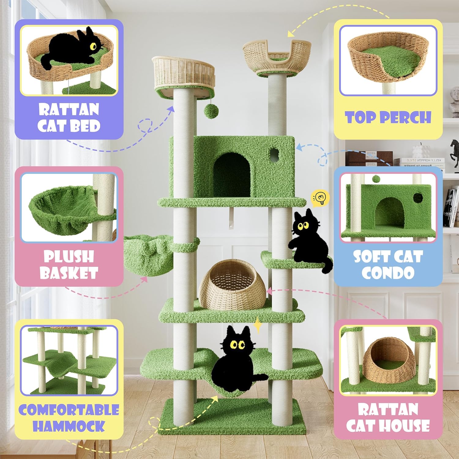 SHA CERLIN 82" Handmade Rattan Cat Tree Tower, Multi-Level Activity Center with Sisal Scratching Posts, Plush Condo, Wicker Perches & Hammock, Large Indoor Cat Playground, Green