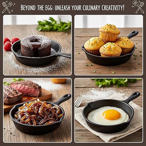 Miniatura 7 de Hiceeden Paquete de 4 mini sartenes de hierro fundido, sartenes pequeñas de 4 pulgadas con doble boquilla de goteo para estufa, horno, parrilla, uso