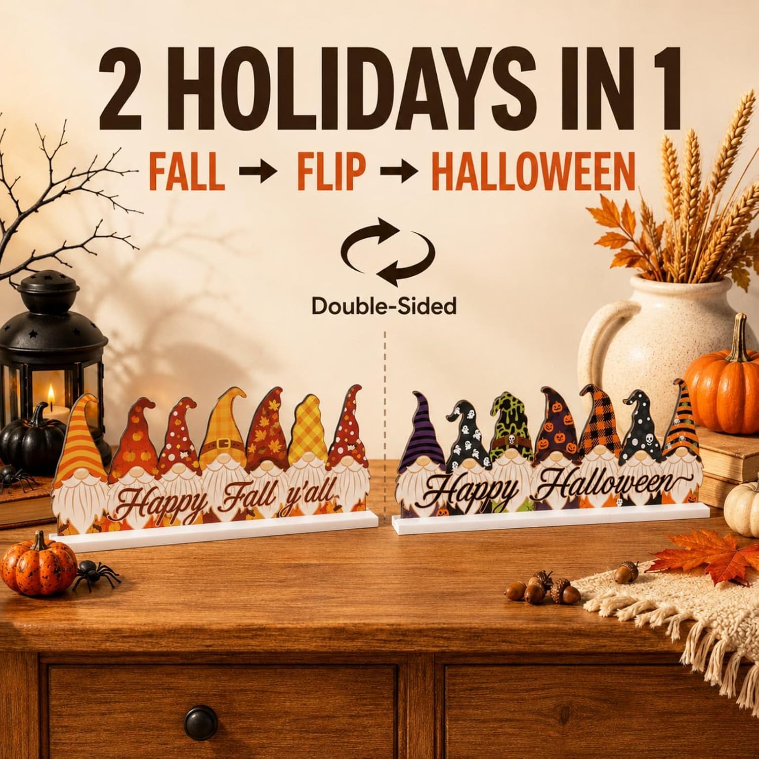 Fall Halloween Gnomes Reversible Sign Table Centerpiece Home Decor