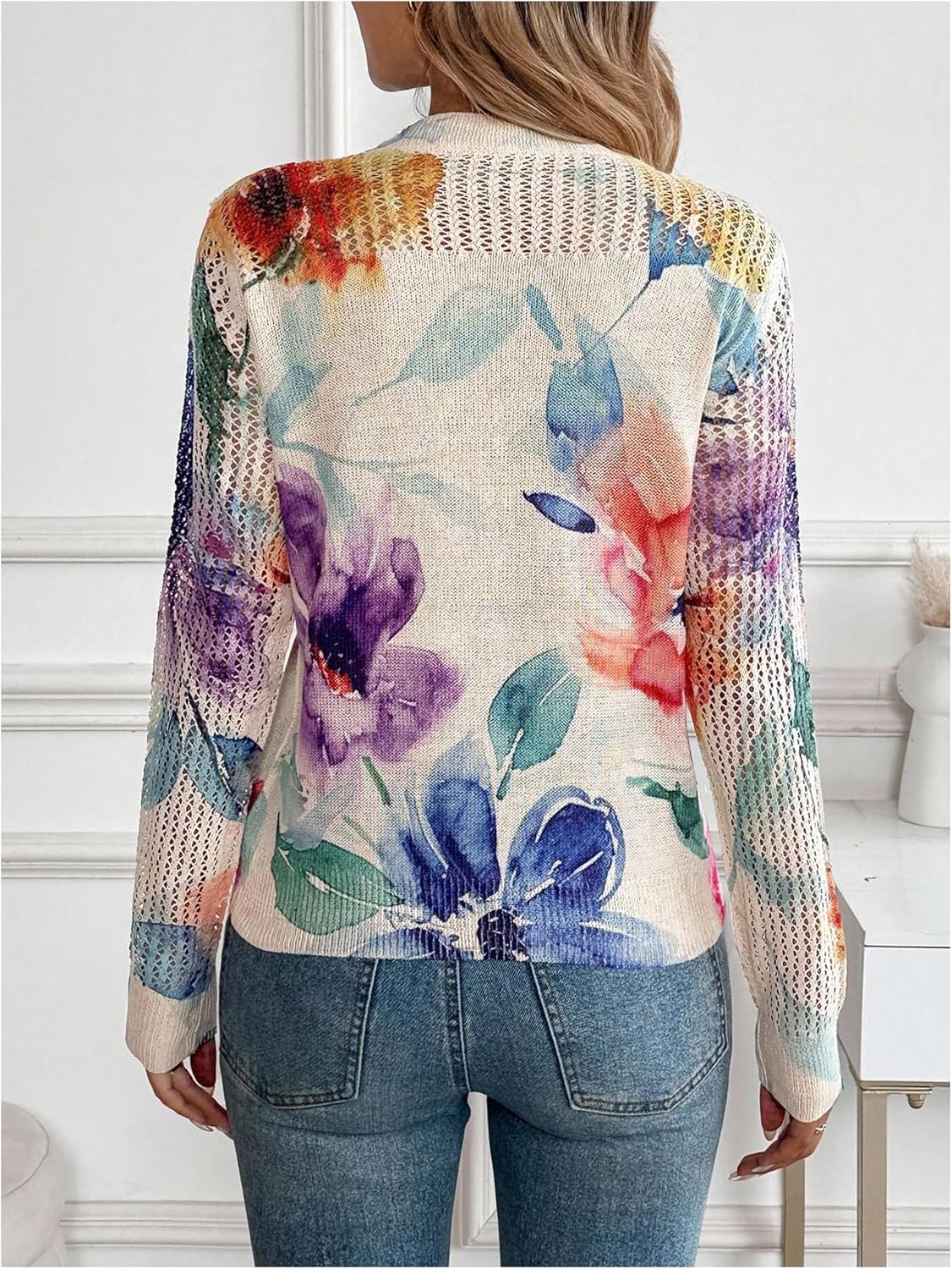 SOLY HUX Women's Floral Sweater Long Sleeve Crew Neck Hollow Out Knit Fall Casual Trendy Pullover Tops - Image 2