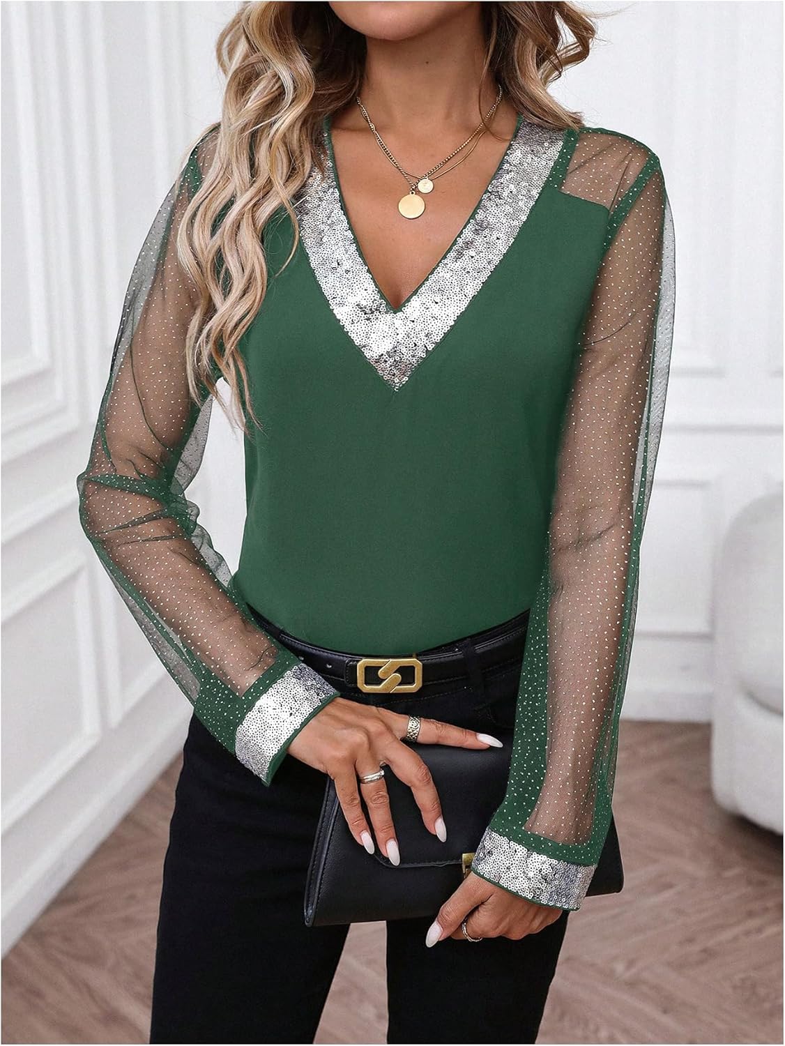 OYOANGLE Women's Sequin Contrast Mesh Blouse V Neck Long Sleeve Elegant Blouses Glitter Sheer Tops - Image 4