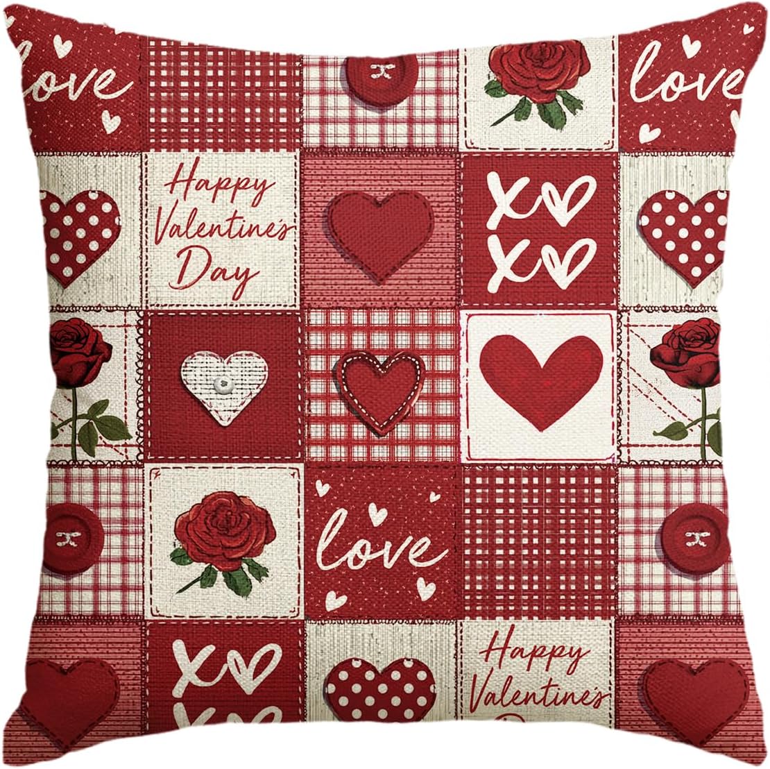 AVOIN colorlife Happy Valentine's Day Love Heart Plaid Throw Pillow Cover, 18 x 18 Inch Red Rose Button XOXO Anniversary Wedding Cushion Case Decoration for Sofa Couch