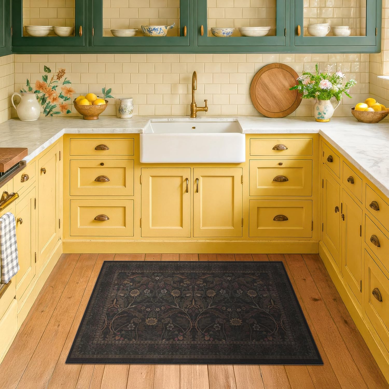Dark Brown 2x3 Washable Entry Rug, Throw Small Rugs for Entryway Kitchen Bathroom Floor Mat Indoor, Farmhouse Floral & Botanical Door Mats, Low Pile Soft Stain Resistant Carpet