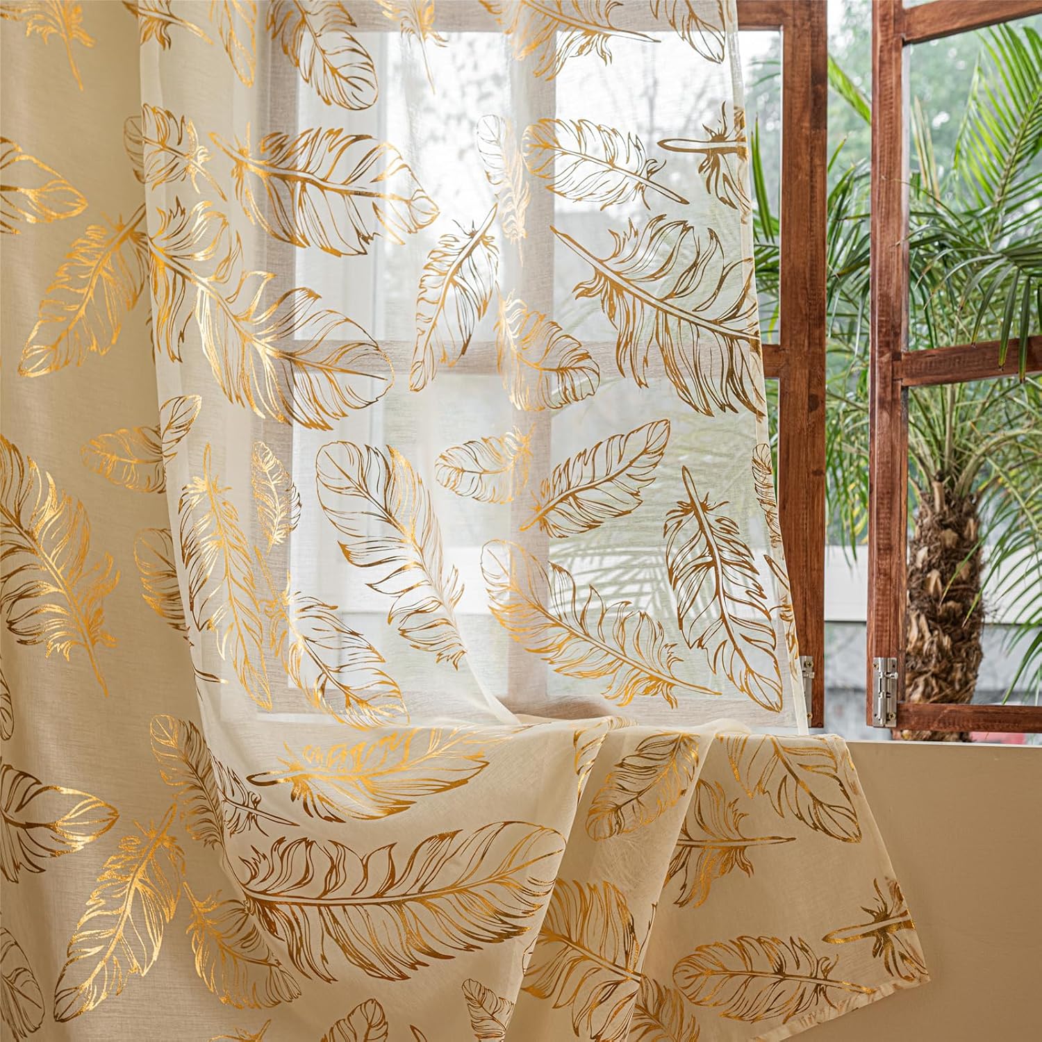 Deeprove Cream and Gold Sheer Curtains 84 inches Long 2 Panels for Bedroom Patio Decor, Metallic Foil Feather Patterned Print Golden Window Treatments 84 Inch Length Pair Drapes W52 x L84 Inch