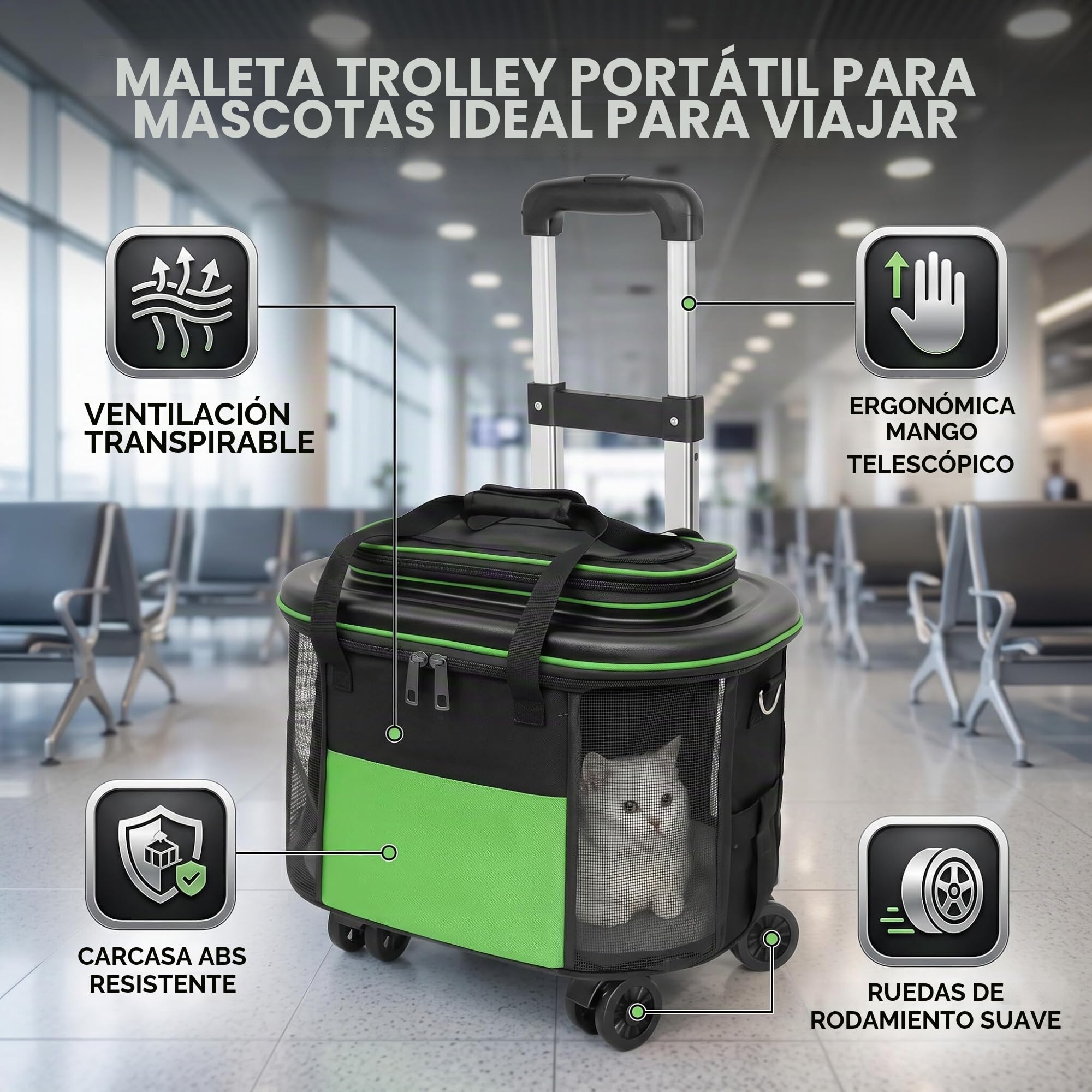 Transportín Portátil para Mascotas con Ruedas para Gatos y Perros con Ruedas para Viajes (Verde)