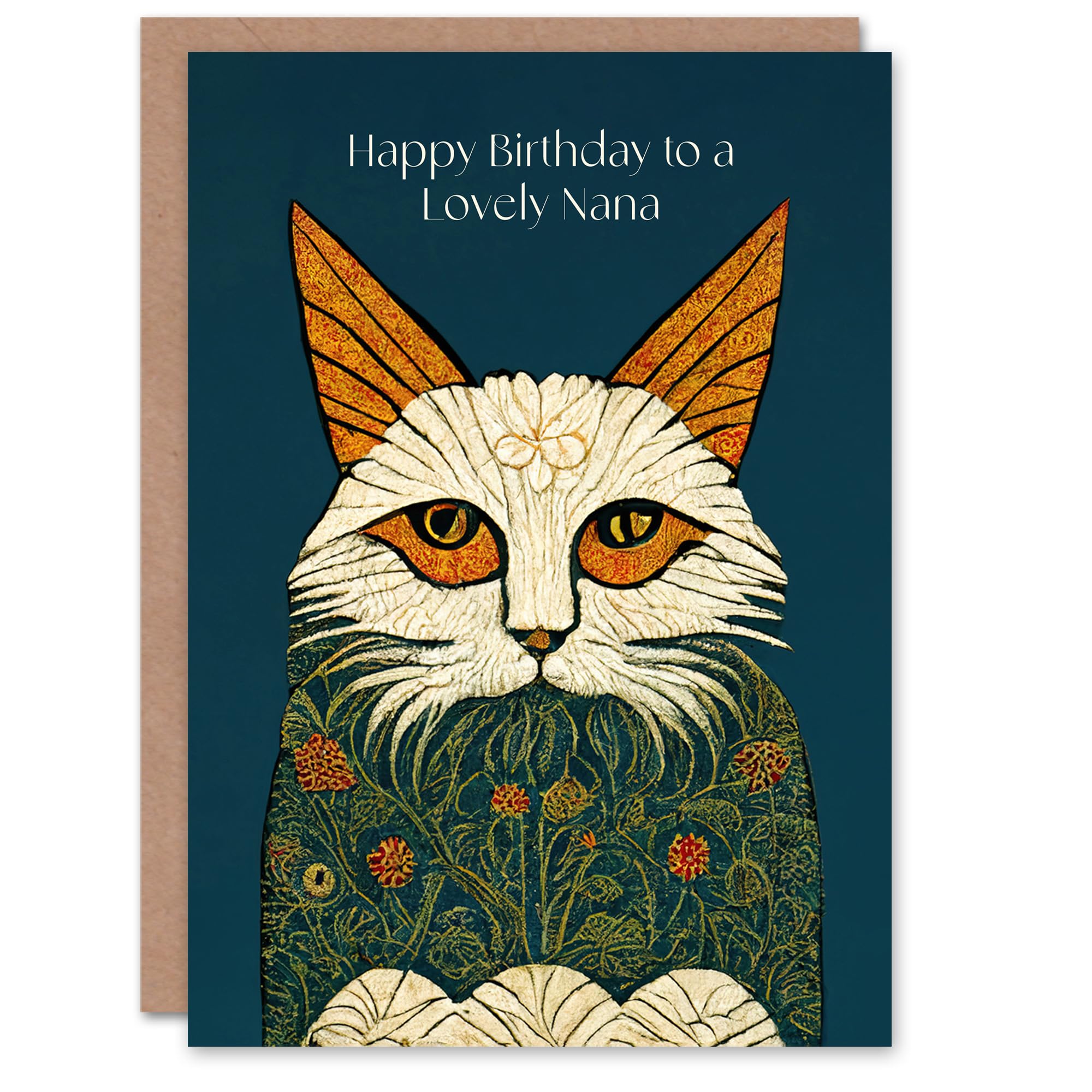 Artery8 Nana Happy Birthday Card Magnificent Moggie William Morris Style Elegant Retro Cat For Her Greeting Card