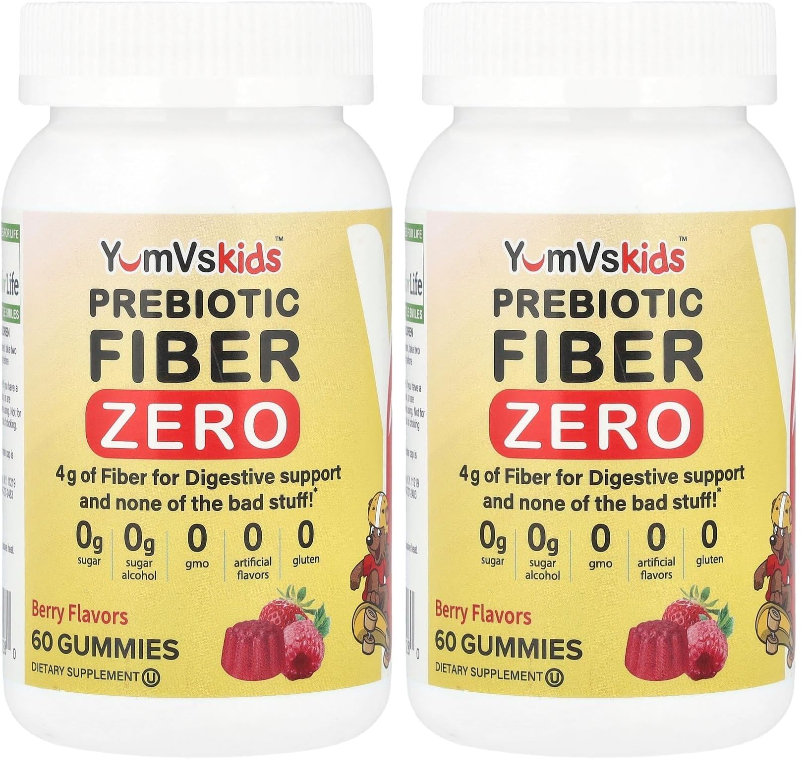 Prebiotic Fiber Zero Gummies for Kids by YumVs | Keto Sugar Free Gummy Chews for Toddlers |4g Fiber for Children Constipation Support | Natural Kosher Halal Berry Chewable 70 Count (Pack of 2)