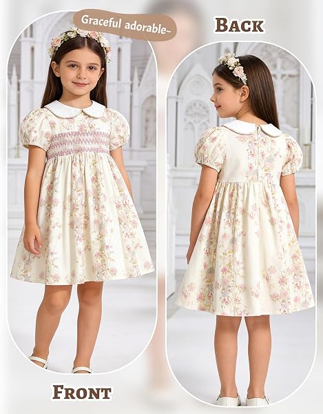 Miipat Kleider für Kleinkind Mädchen Blumenmuster Gerafftes Baumwolle Kleine Mädchen Sommerkleid Vintage Puffärmel Peter Pan Kragen Elegant Freizeitkleid für Kinder - 5