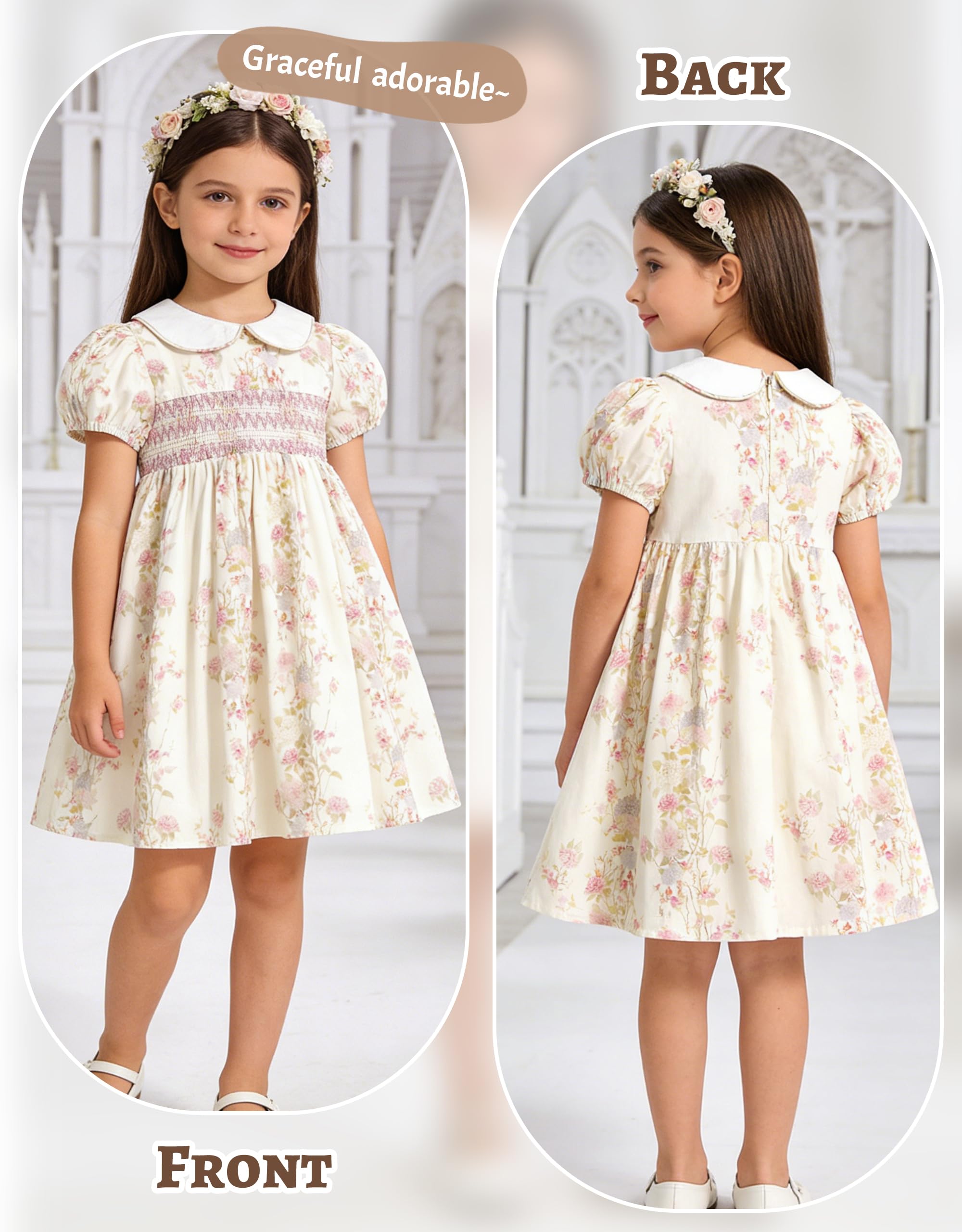 Miipat Vestito in Cotone per Bambina con Motivi Floreali Smockati, Vestito Estivi Vintage Bambine Maniche a Sbuffo e Colletto Peter Pan Abito Casual per Ragazze - 5
