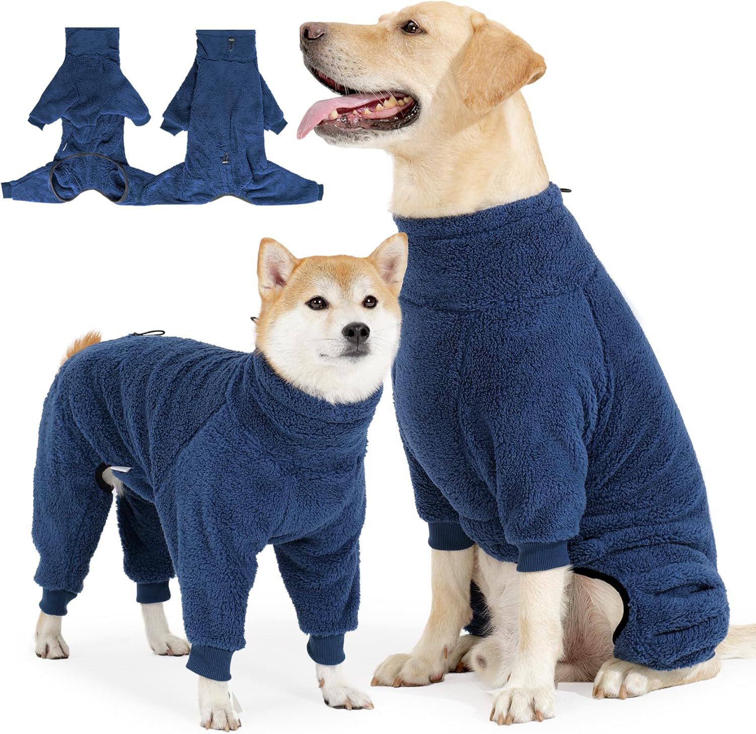 ROZKITCH Dog Winter Coat for Large Dogs, Warm Fleece Pjs with Leg Warmers, High Collar Full Body Pet Jumpsuit Snowsuit Comfortable Apparel Pj Blue 3XL