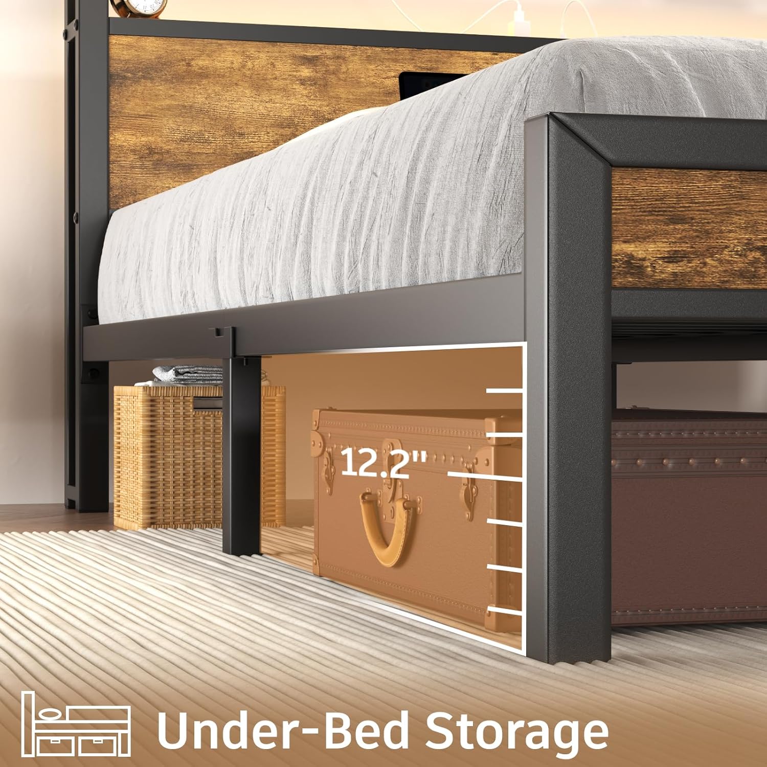 E-Motie Full Size Bed Frame with LED Lights and Charging Station, Wood Storage Headboard with 2-Tier Shelves, Heavy Duty Metal Slats, No Box Spring Need, Noise Free, Easy Assembly, Brown