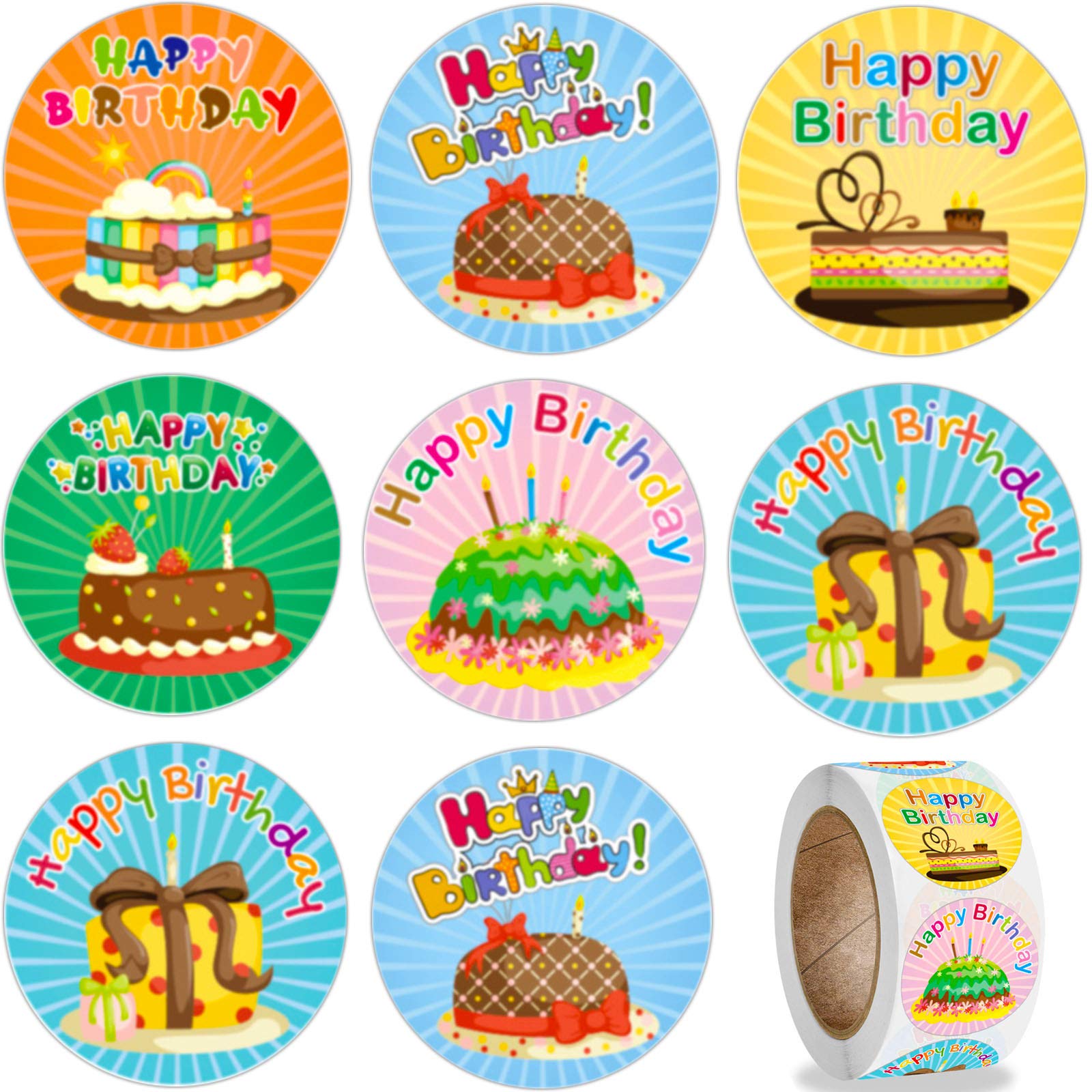 RORANIC Birthday Stickers for Cards,1 Roll 500Pcs 6 Cute Birthday Cake Designs,1'' Round Adhesive Sealing Labels,Happy Birthday Stickers for Kids Adults Stickers for Party Supplies (Birthday Cakes)