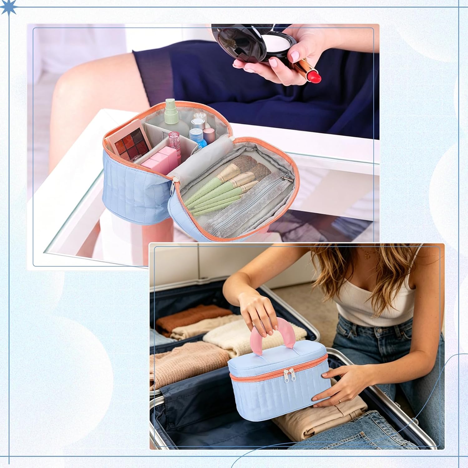 1Pcs Nail Polish Organizer Case, Polyester Makeup Bag with Handle Travel Carrying Case with 12Pcs 5ml/0.17oz Plastic Cream Jar for Nail Polish Kit, Light Blue