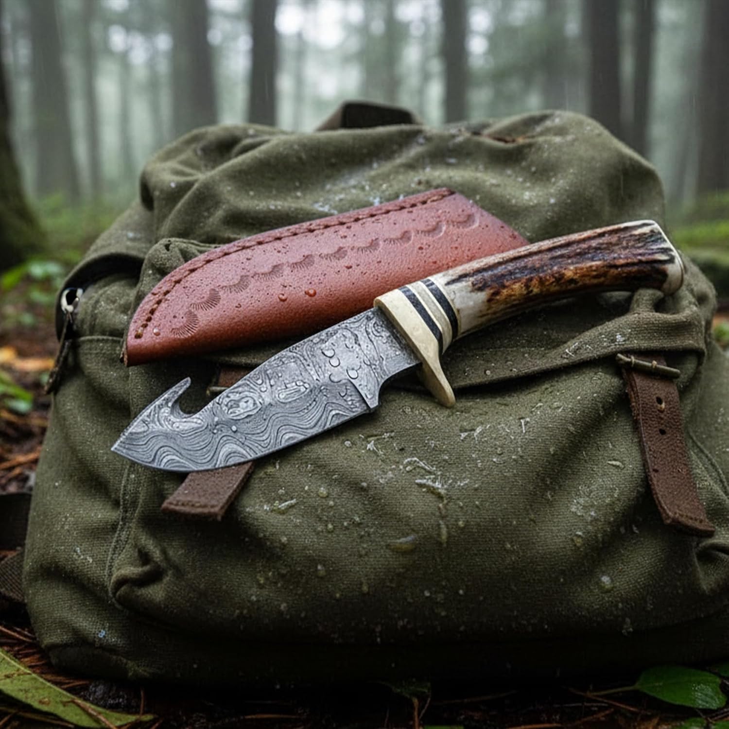 SANZ Damascus Guthook Hunting Knife 9 Inch - Camping Knife with Stag Handle, Full Tang Blade & Sheath - Pocket Knife for Hunting, Camping & Outdoor uses - Knives for Men