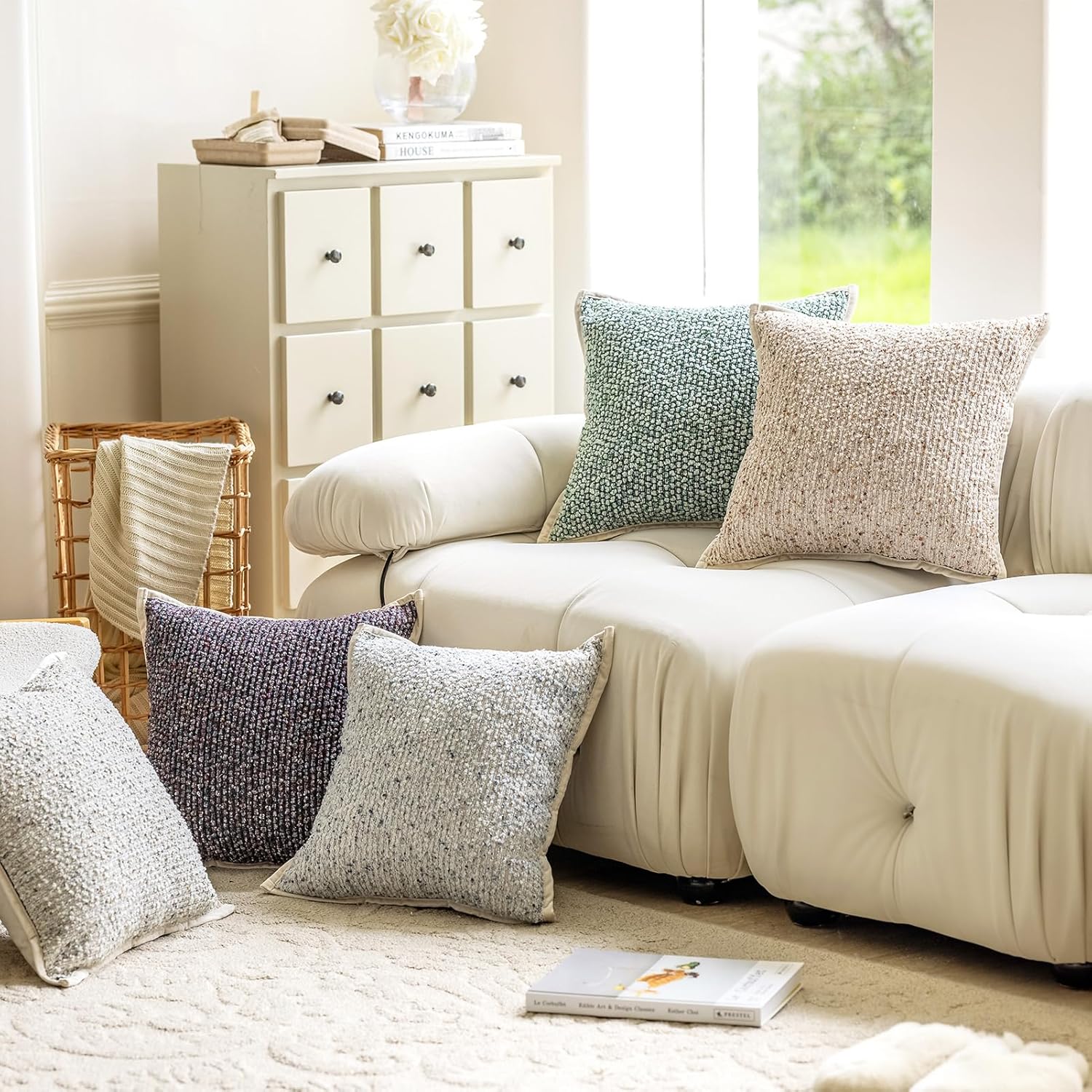 Emvency Blue Textured Boucle Throw Pillow Covers 18x18 Inches Set of 2, Boho Farmhouse Striped Chic Modern Art Square Decorative Couch Pillowcases for Home Decor Bedroom Sofa Living Room - Image 6