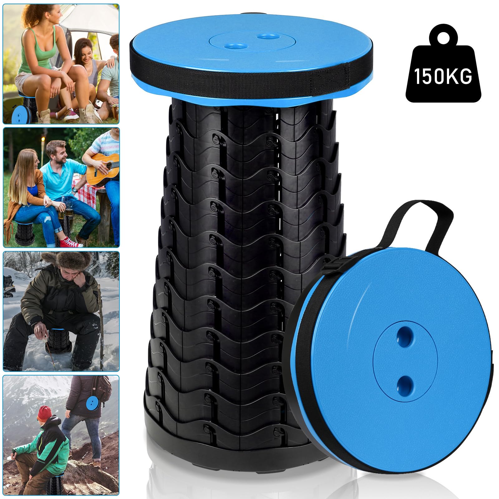 Sgabello telescopico pieghevole portatile da campeggio, regolabile in altezza e stabile, portata fino a 150 kg, compatto per esterni, giardino e viaggi, blu