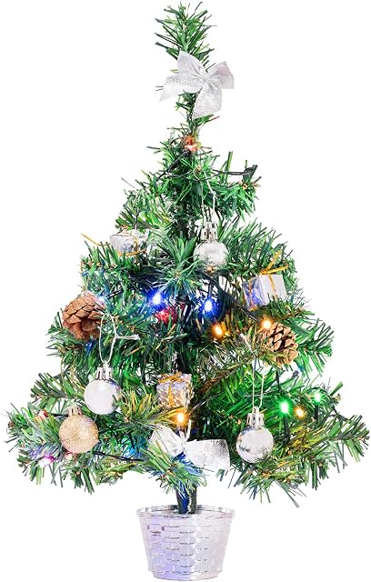 GloBrite 45cm Mini Christmas Tree with 40 Multi-colour LED Lights, Baubles, Artificial Gold Pine Cones | Pre Lit Christmas tree Christmas Decorations | Table Top Christmas Tree