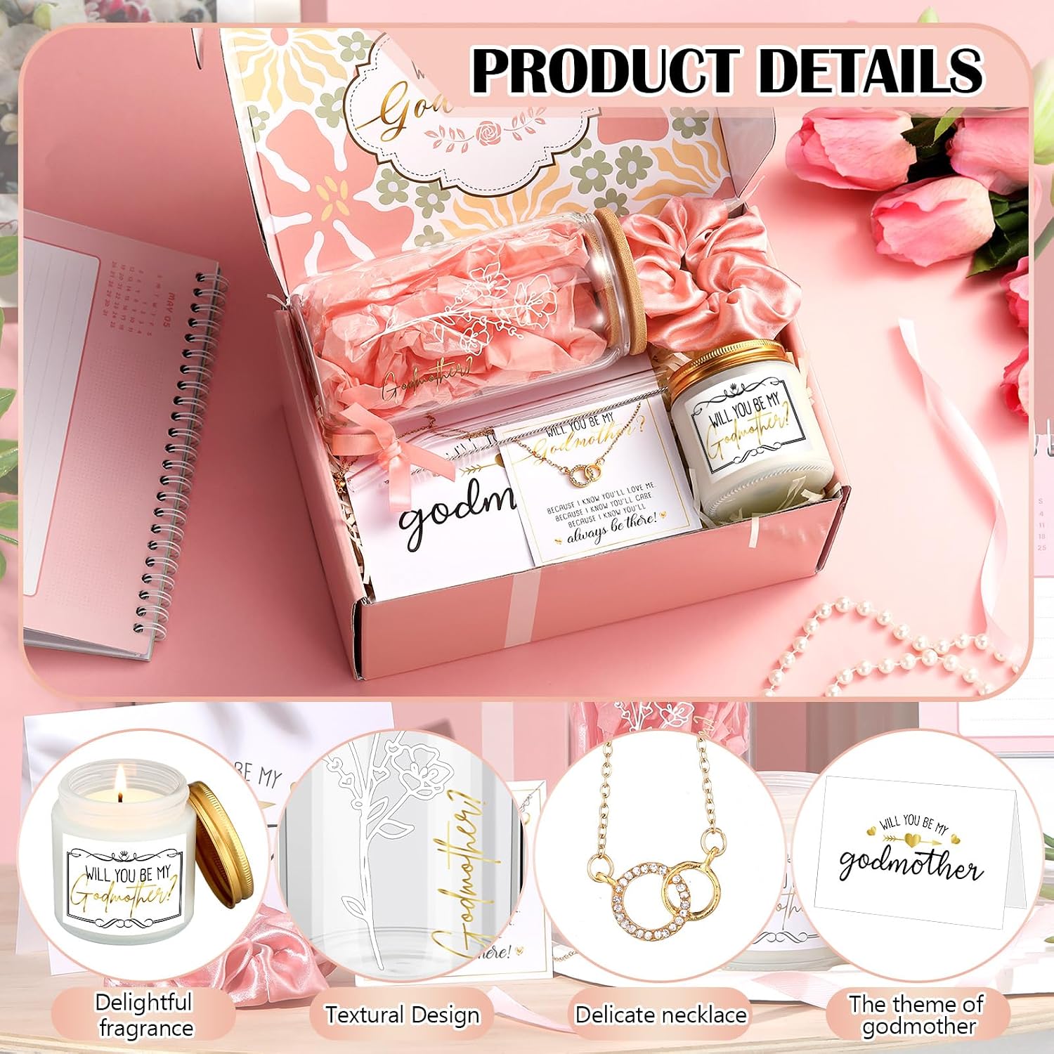 6 Pcs Godmother Proposal Gift Set, 16oz Cup,English,Pink