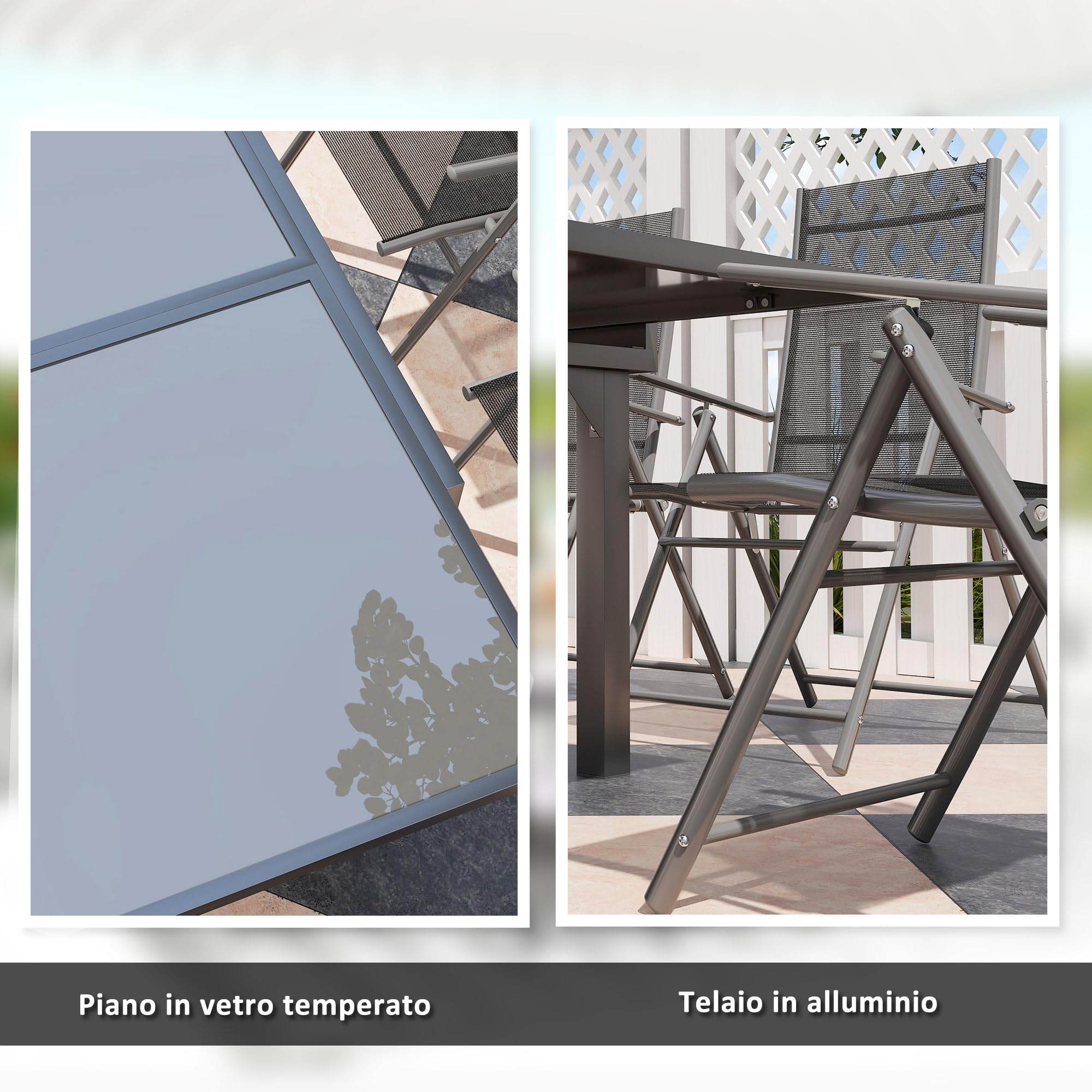 Outsunny Set Tavolo e Sedie da Esterno 7 Pezzi, Tavolo Allungabile con Piano in Vetro, 6 Sedie Pieghevoli con Braccioli, Acciaio e Textilene, Grigio