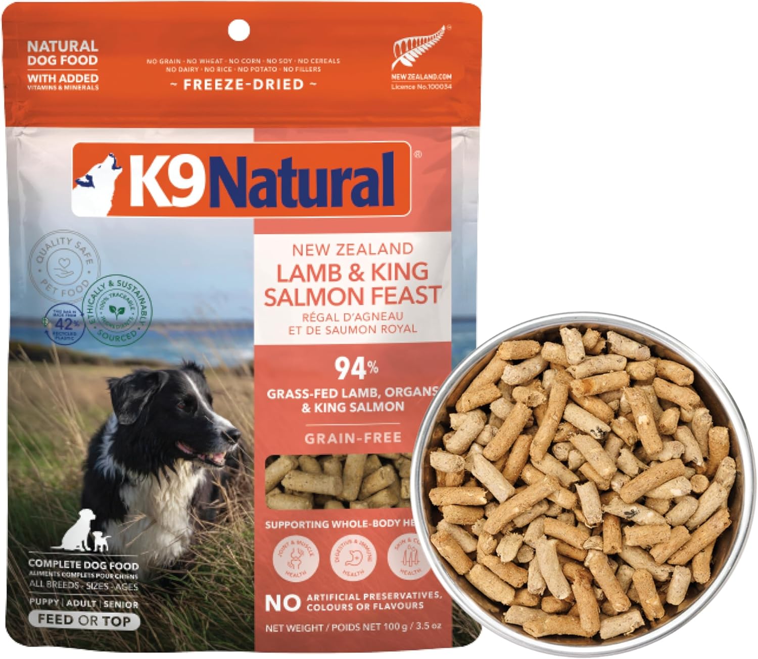 K9 Natural Lamb & King Salmon Freeze Dried Dog Food, High-Meat Natural Complete Meal or Meal Toppers for Dogs, Grass-Fed Lamb & King Salmon from New Zealand, Grain-Free, GMO-Free, 3.5oz