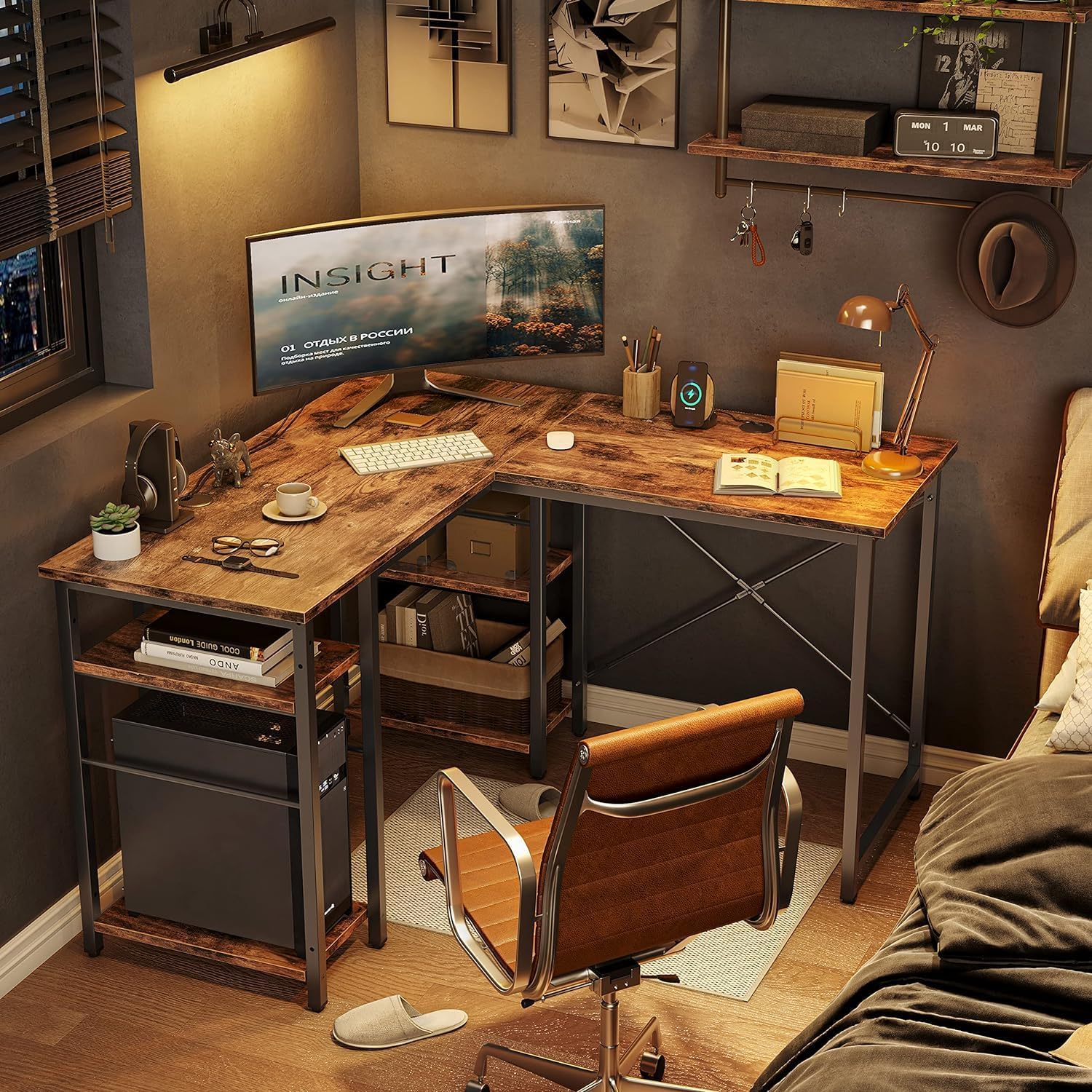 Bestier L Shaped Computer Desk, Reversible Corner Office Desk with Shelves, 75 Inch 2 Person Long Desk, Writing Study Table for Home Office Bedroom Small Space Apartment (Rustic Brown)