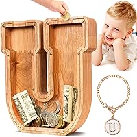 Vista 12 de SummiDate Alcancía de madera de letra para niños y niñas, Alfabeto, regalo de cumpleaños para niños (W)