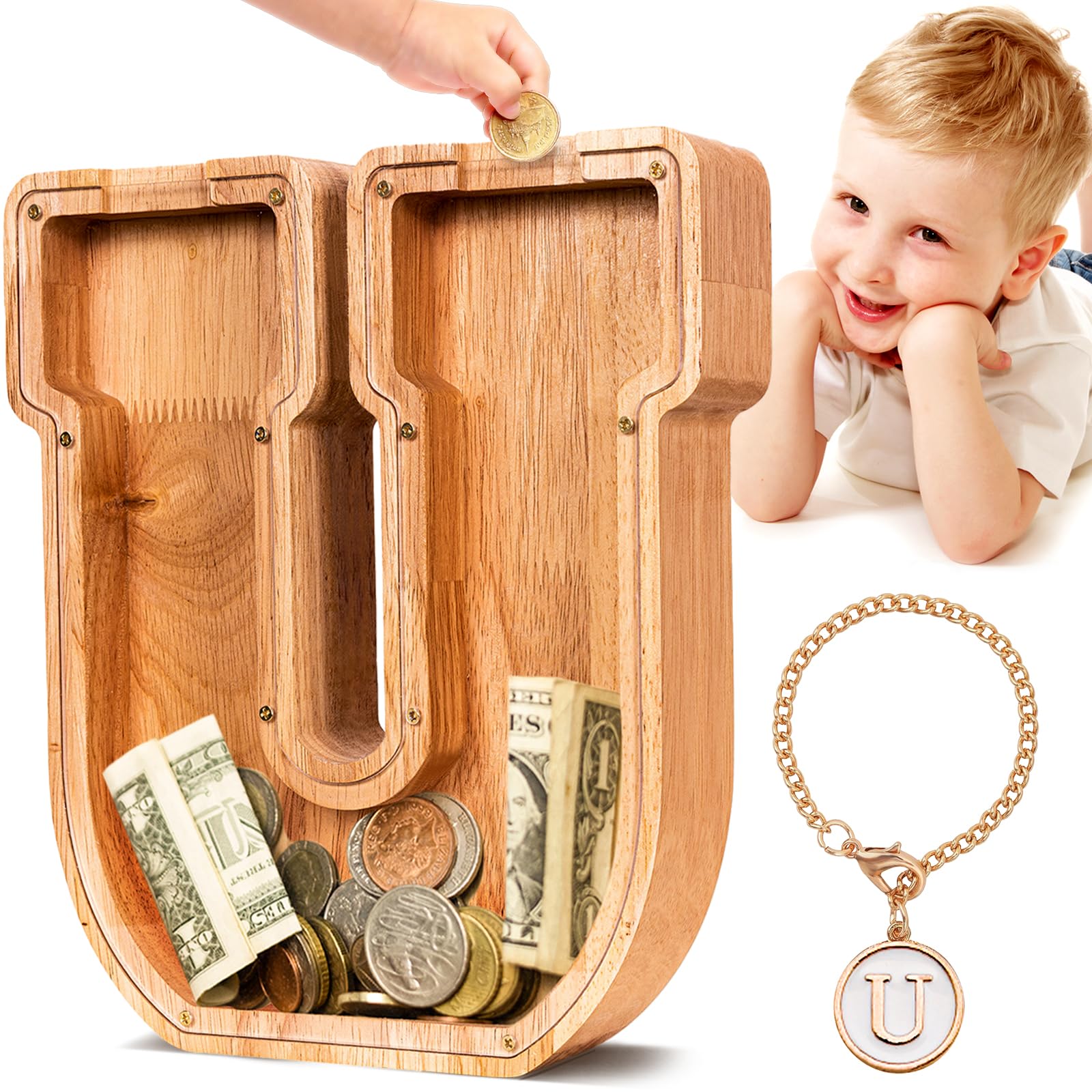 SummiDate Wooden Letter Money Box for Kids, Personalised Piggy Bank for Boys Girls Toddler, Alphabet U Coin Money Bank for Birthday Children's Day Gift