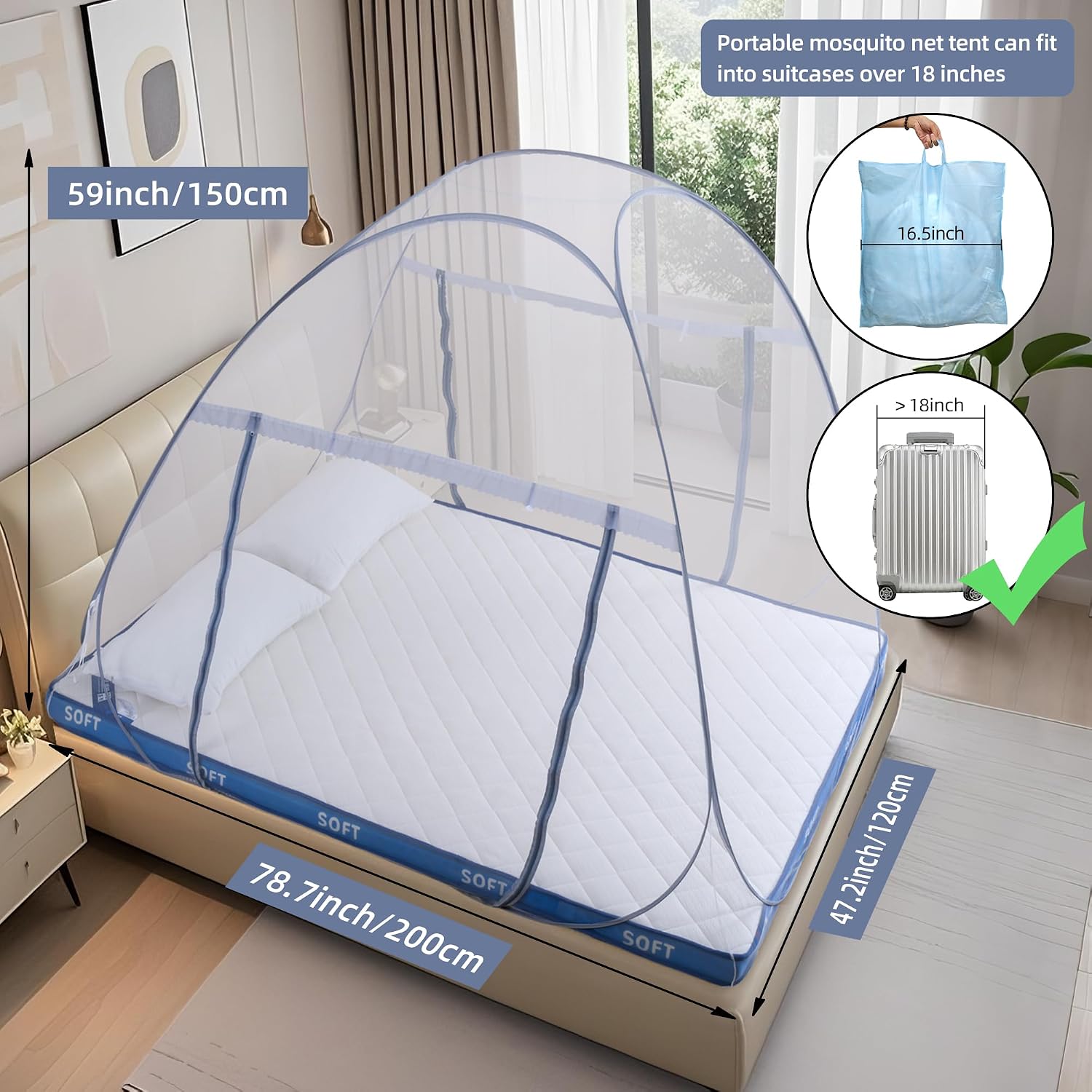 Pop-Up Mosquito Net Tent for Bed, Portable Folding Design Outdoor Camping Bed Tent with Net Bottom for Baby Adults for Twin XL/Full Size Bed 75 x 59 x 48 inch