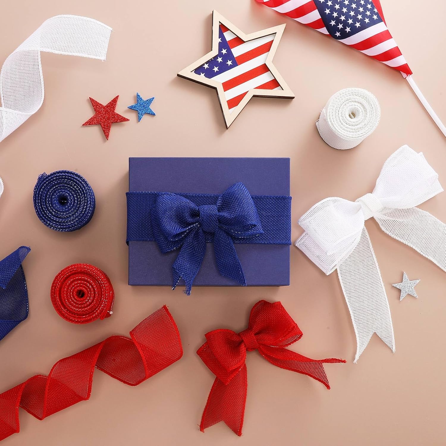 6 Rolls Patriotic Beach Summer Wired Ribbon Colorful Burlap Ribbon Total 30 Yard for 4 of July Wreaths Crafts Bow Gift Wrapping Party Decoration(Patriotic Color,2 Inch)