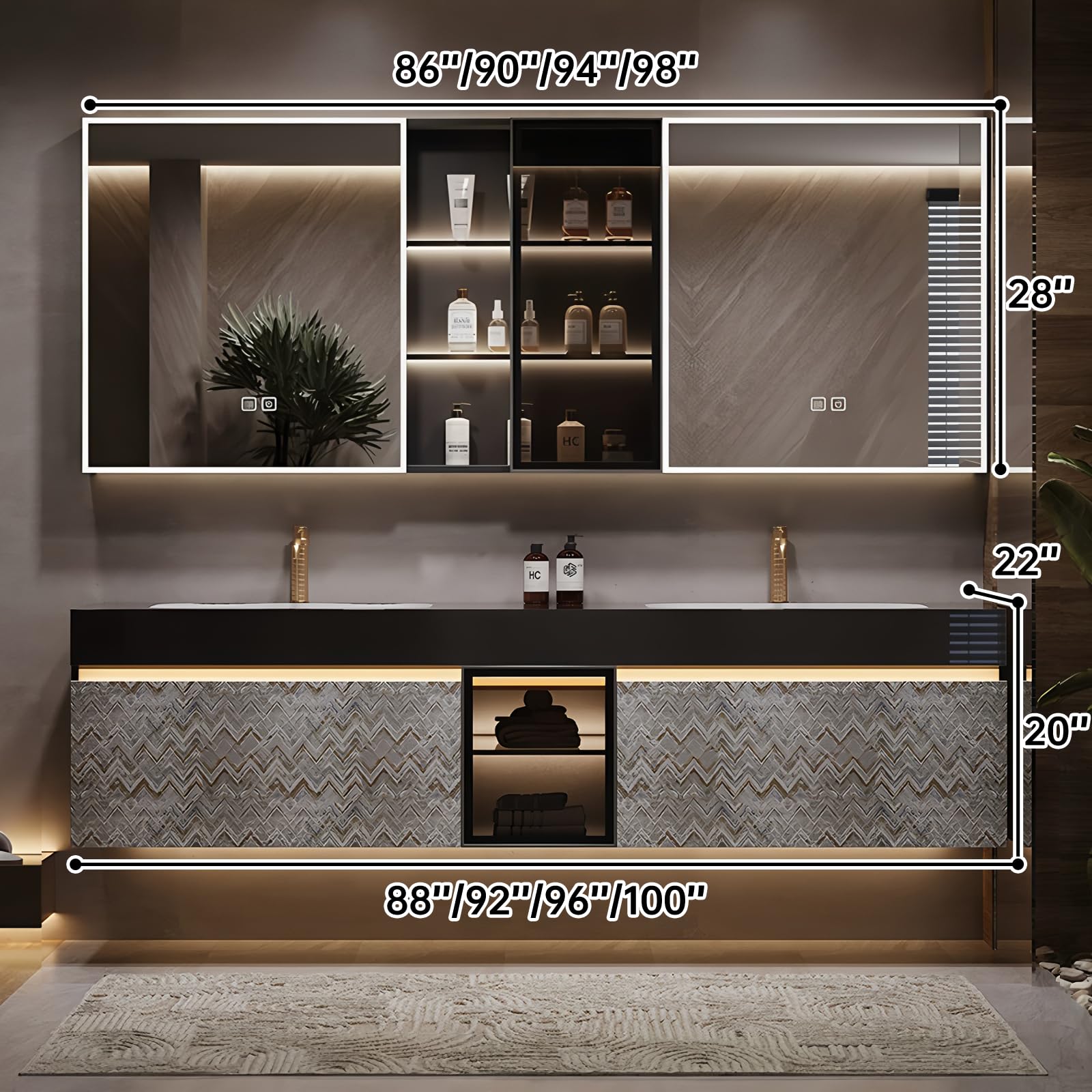 Moderner 233,7 cm Doppel-Badezimmer-Waschtisch mit Waschbecken, schwimmendem Design, LED-Smart-Defog-Spiegel, offener Stauraum und Schiefer-Arbeitsplatte, elegantes graues Muster für luxuriöse