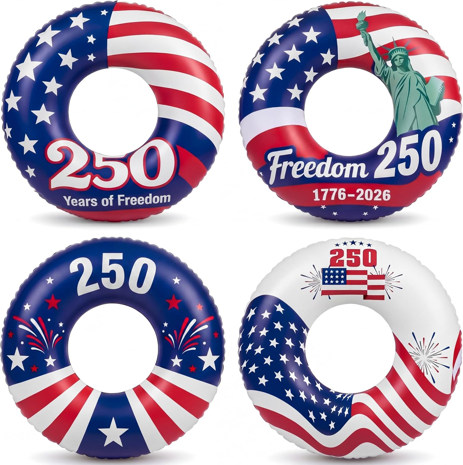 Foilswirl 4 Pack 250th Anniversary Inflatable Pool Float 36'' Patriotic American Flag Float Tube 4th of July Thickened PVC Red White Blue Swim Tube Ring for Independence Day Summer Pool Beach Party
