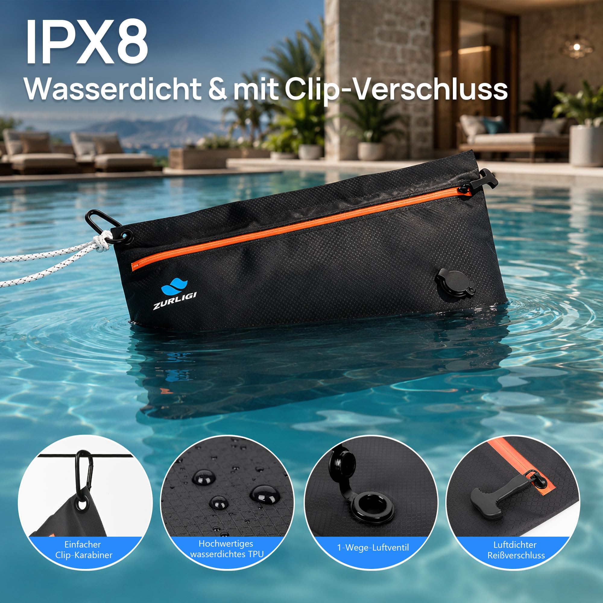 Zurligi Reise-Vakuumbeutel mit Pumpe, IPX8, TPU, 3 Größen, Schwarz, 3er-Set | Reißfeste TPU-Kompressionsbeutel, IPX8-wasserdicht, wiederverwendbar und platzsparend für Kleidung, Unterwäsche, Handgepäck