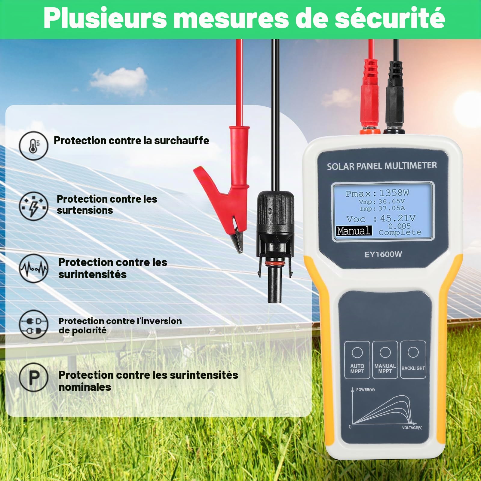 BuyWeek Testeur MPPT de Panneau Solaire EY1600W Multimètre de Panneau Solaire Photovoltaïque avec Écran LCD Aucune Alimentation requise, pour Panneau Solaire Tous Types, Protection Surintensités