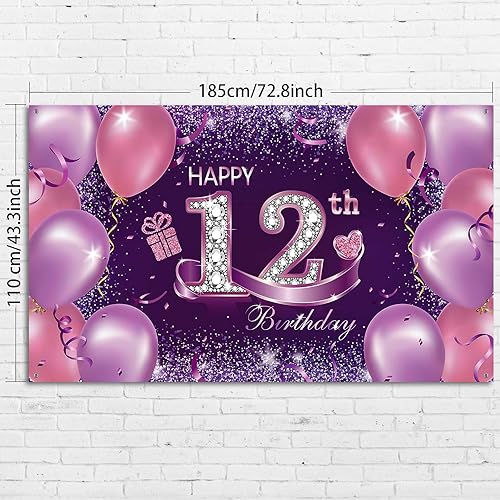 Miniatura 2 de Decoraciones de fiesta de cumpleaños, pancarta grande de tela de feliz 12 aniversario, fondo de cabina de fotos rosa y morado con cuerda para fiesta