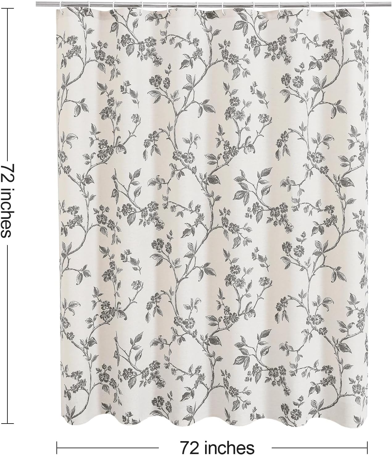 MitoVilla Grey Boho Shower Curtain Set, Cotton Floral Cottagecore Spring Shower Curtains for Bathroom, Modern Farmhouse Country Plant Leaves Bathroom Décor, 72" W x 72" L