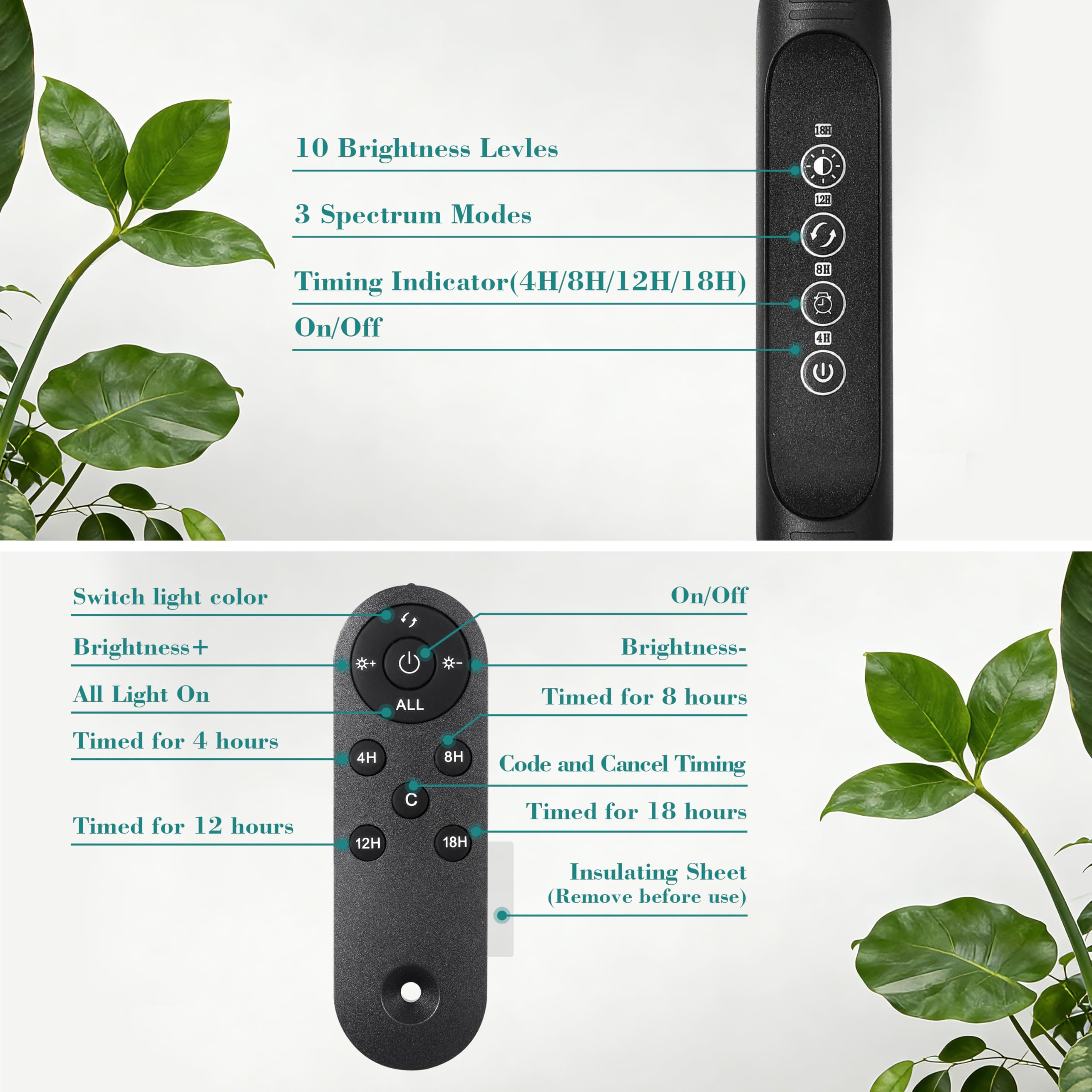 Lámpara para plantas de interior, soporte de espectro completo, mando a distancia y temporizador de 4/8/12/18h, 3 modos, 10 niveles de atenuación, soporte estable para plantas altas hierbas suculentas