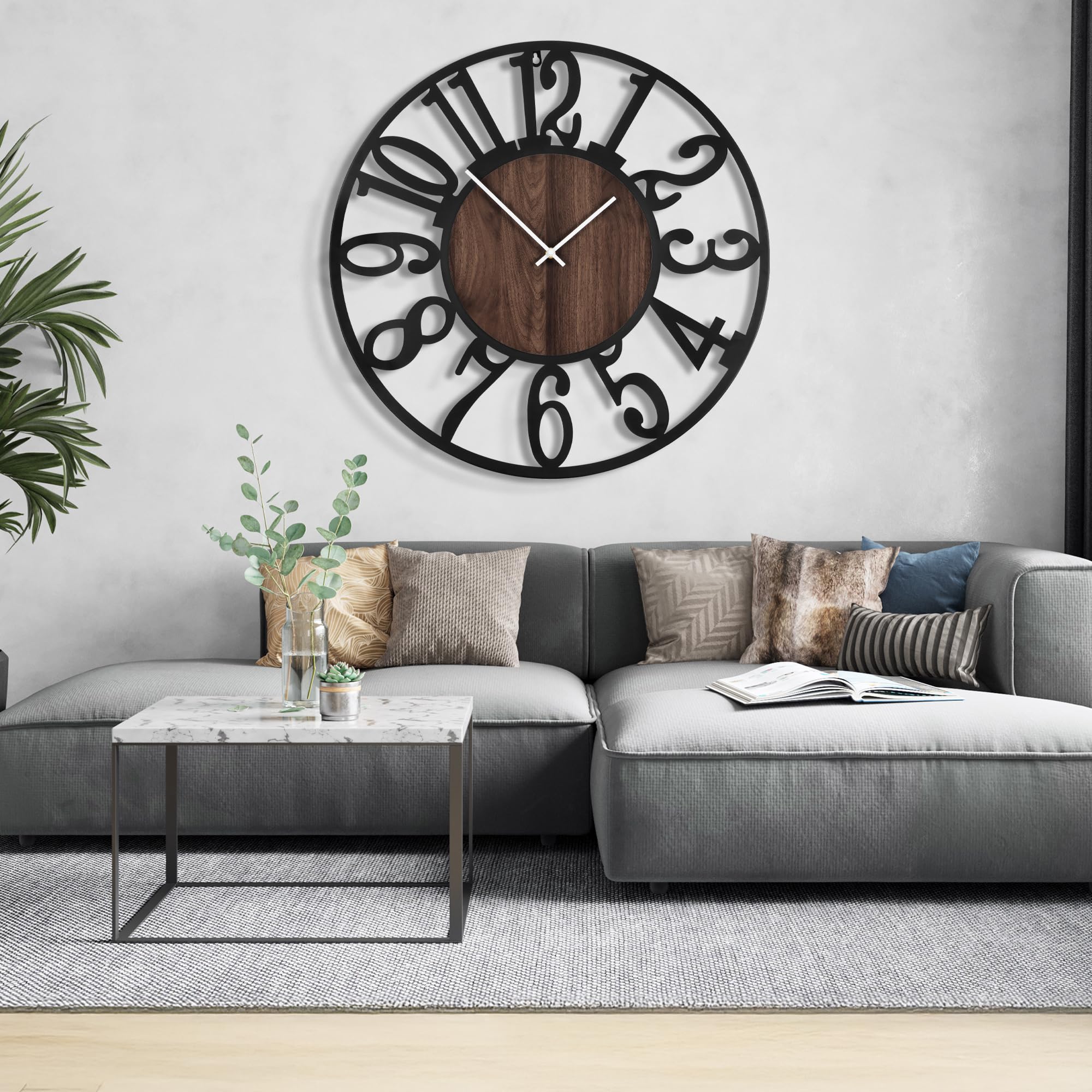 100cm Wanduhr, Leise Vintage Metall Uhr mit Holz-Zifferblatt, Batterie XXL Wanduhr im Landhausstil für Wohnzimmer, Schlafzimmer, Küche, Büro, Wanddeko