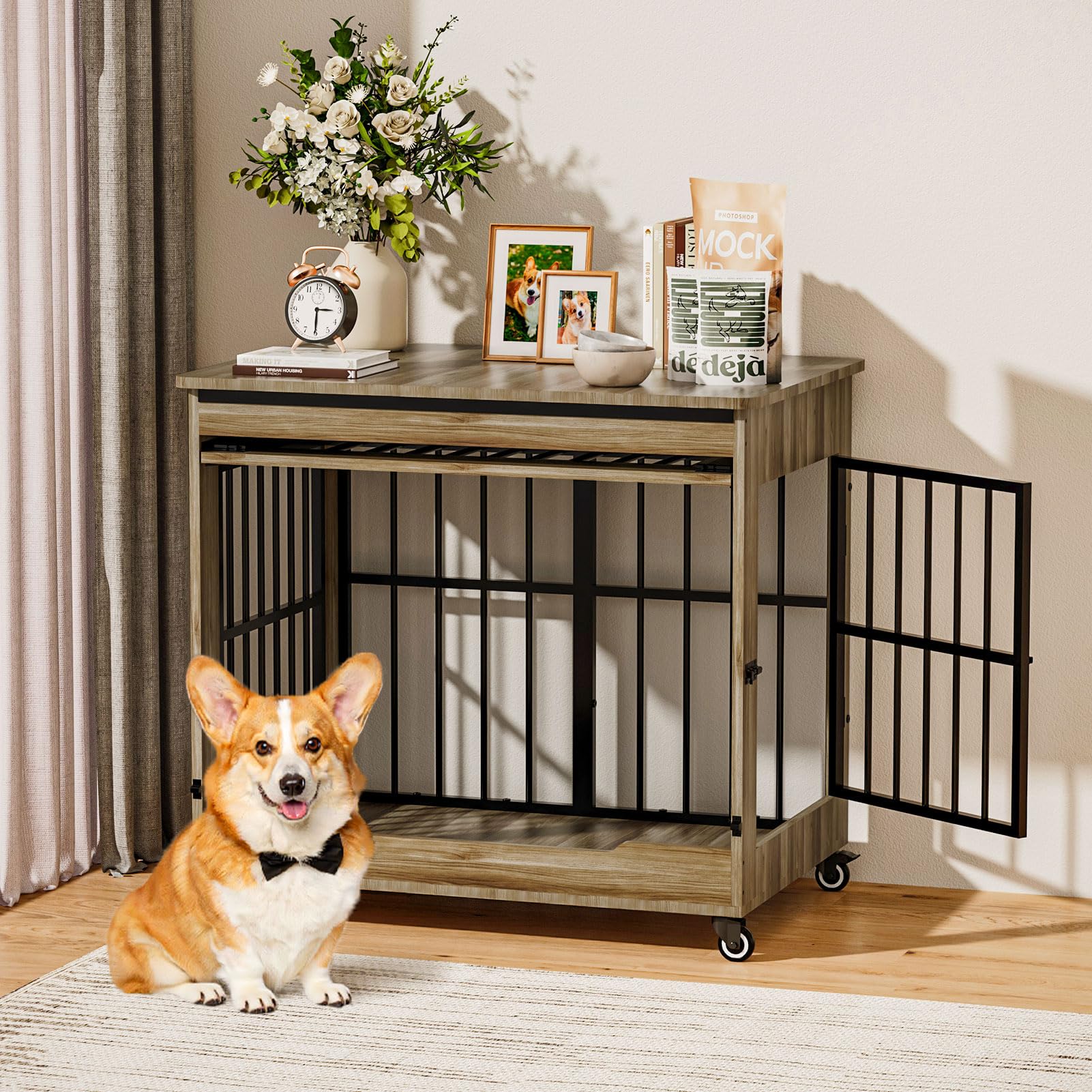 32" Dog Crate Furniture, Double Door Wooden Indoor Dog Kennel Furniture, Decorative Pet Cage End Table with Wheels for Medium and Small Breed Dogs, Size M, Greige