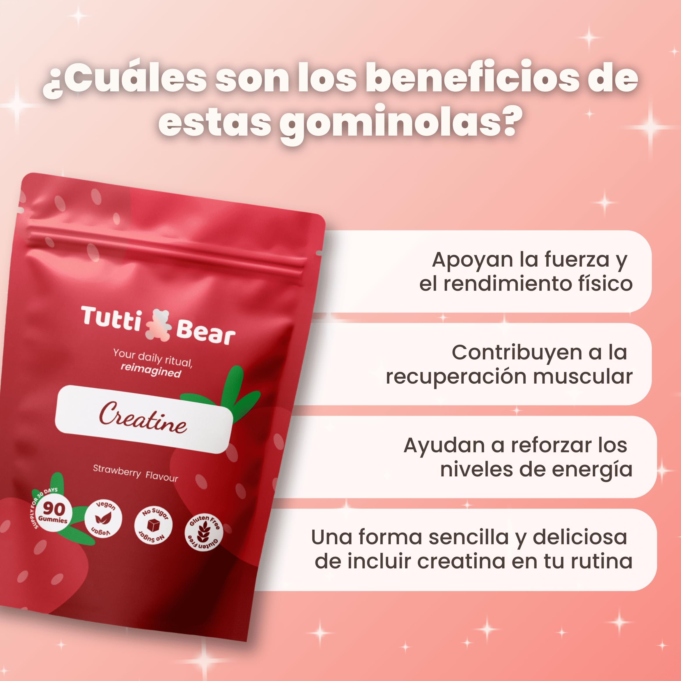 Gominolas de Creatina – 5000 mg Creatina Monohidratada con L-Taurina y Vitamina B12 – Sabor Fresa Natural – Sin Azúcar – Para Energía y Recuperación Muscular