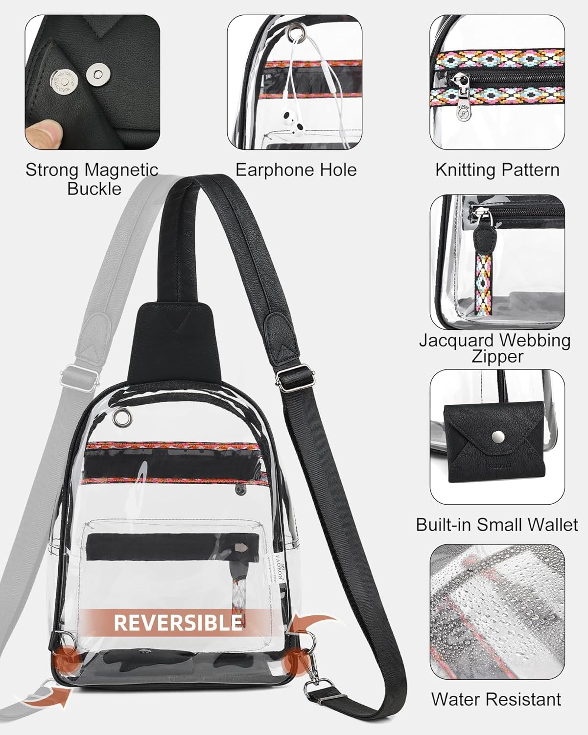 FADEON Large Clear Bag for Stadium Events, Transparent Purse Designer See Through Women's Crossbody Sling Bags Concerts Sports
