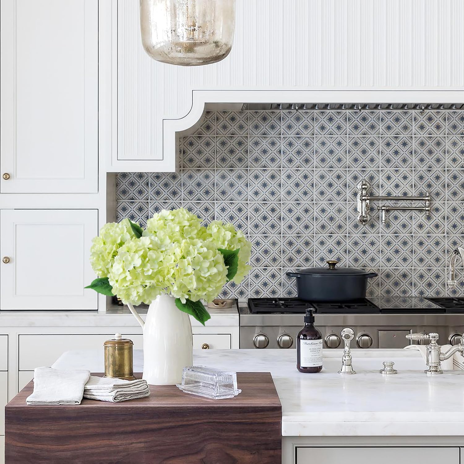 Green Hydrangea Artificial Flowers, 5Pcs 20Inch Large Lifelike Faux Silk Flowers, Full Artificial Hydrangeas for Bouquet Table Centerpieces Indoor Spring Outdoor Home - Image 5