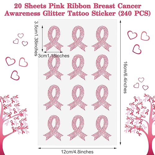 Miniatura 8 de Jutom 20 hojas de 240 calcomanías de tatuaje con purpurina para cáncer de mama, tatuajes temporales para cáncer de mama, tatuajes corporales para