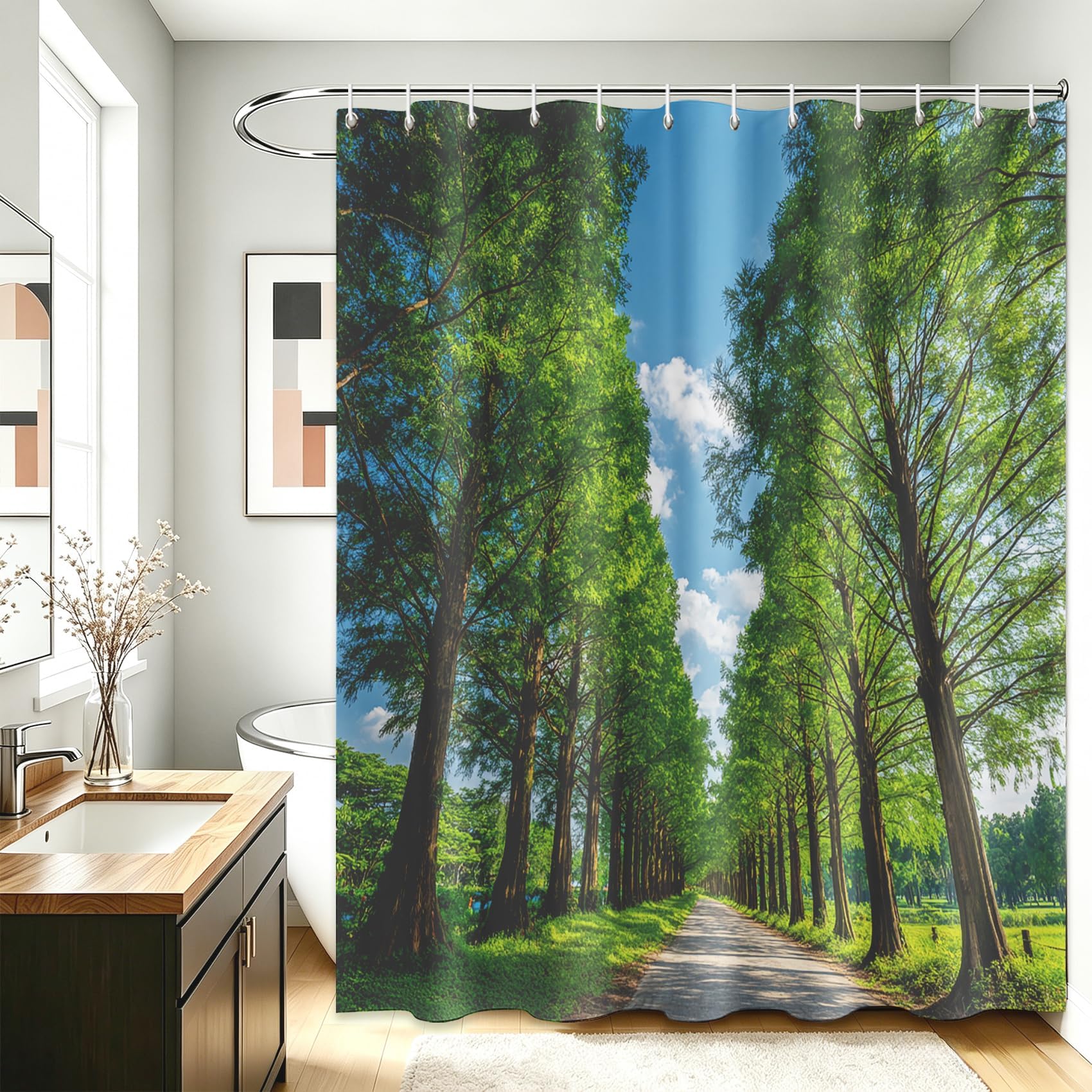 AUWUUA Shower Curtain 79x87in/200x220cm/WxH Green Trees Blue Sky Clouds Natural Landscape Shower Curtain Washable Polyester Fabric Bath Curtains with Hooks for Bathroom Decor